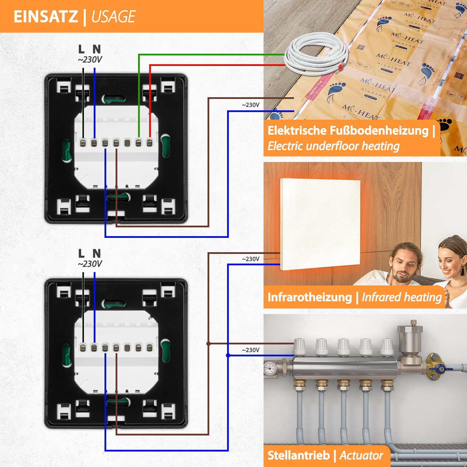 E91 Cyfrowy termostat pokojowy z wyświetlaczem dotykowym i dodatkowym czujnikiem 10kOhm, do elektrycznego i wodnego ogrzewania podłogowego - czarny