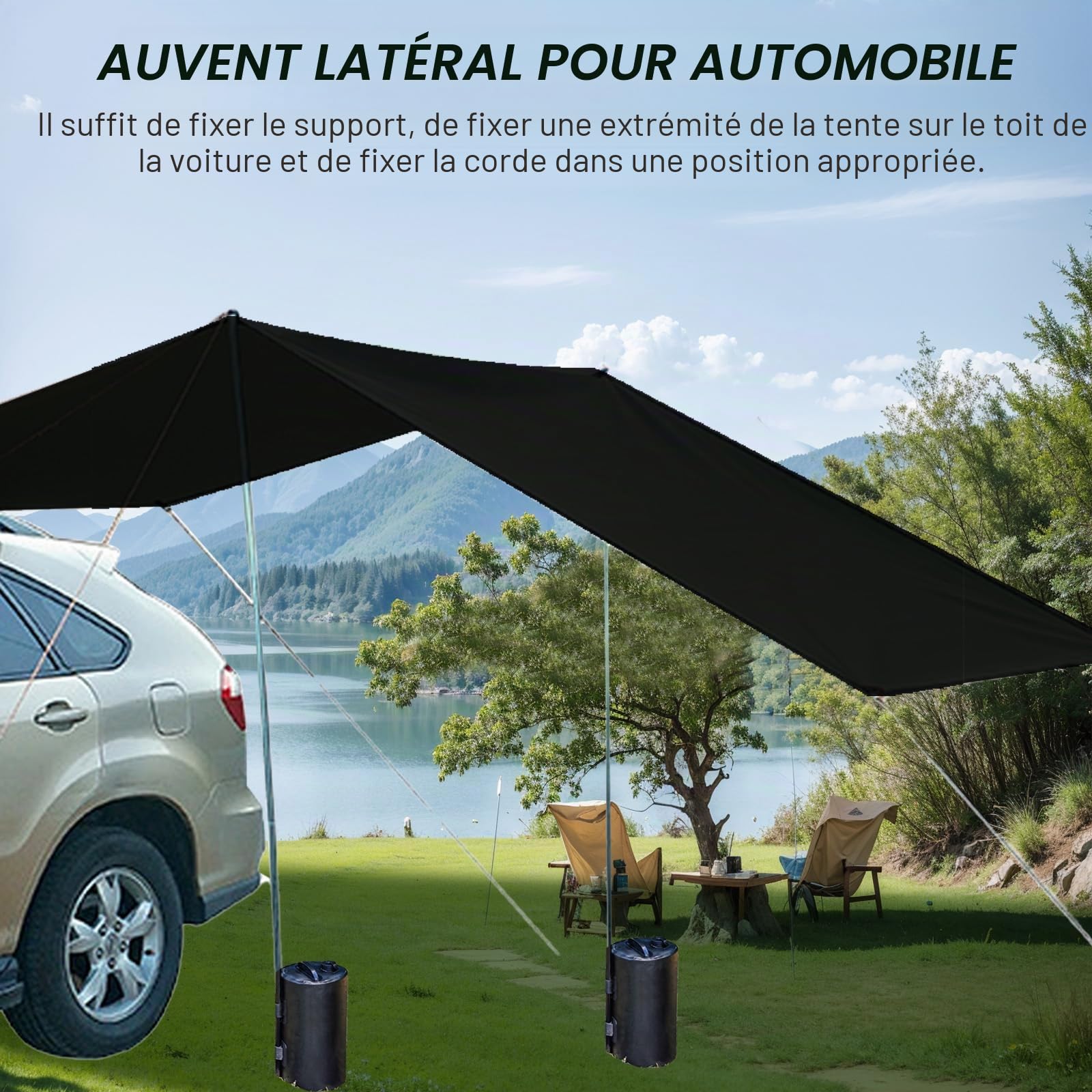 Auvent latéral de voiture - Tente de camping - Tente de toit avec protection UV - Avec 2 sacs d'eau portables - Étanche - 440 x 200 cm - Noir