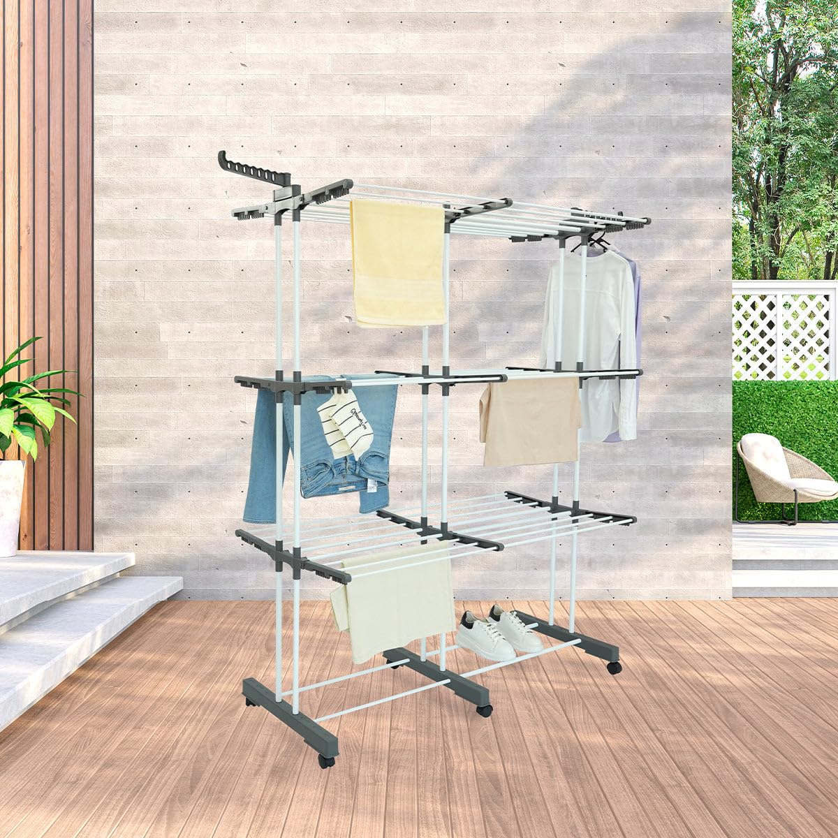 KITCHEN MOVE 38M Extra Plus wysuwana suszarka do ubrań z 3 poziomami i teleskopowym drążkiem ze stali nierdzewnej, plastik, czarno-szara, 72-178 x 64 x wys. 170 cm