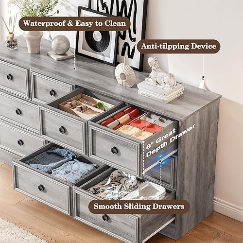 Miniatura 8 de LGHM Cómoda moderna grande de 10 cajones, cómoda larga para dormitorio, cómoda, organizadores de armario y ropa de almacenamiento, bordes Gris,Negro