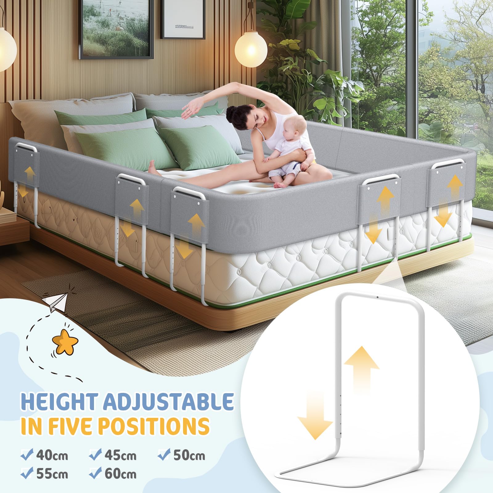 Bettgitter für Kinder – Rausfallschutz und Bettkantenschutz für Babybett und Kinderbett, Höhenverstellbar 40-60 cm, Sicherheitsgeländer mit Seitenschutz, Tragbar (Grau x 60cm x 2)