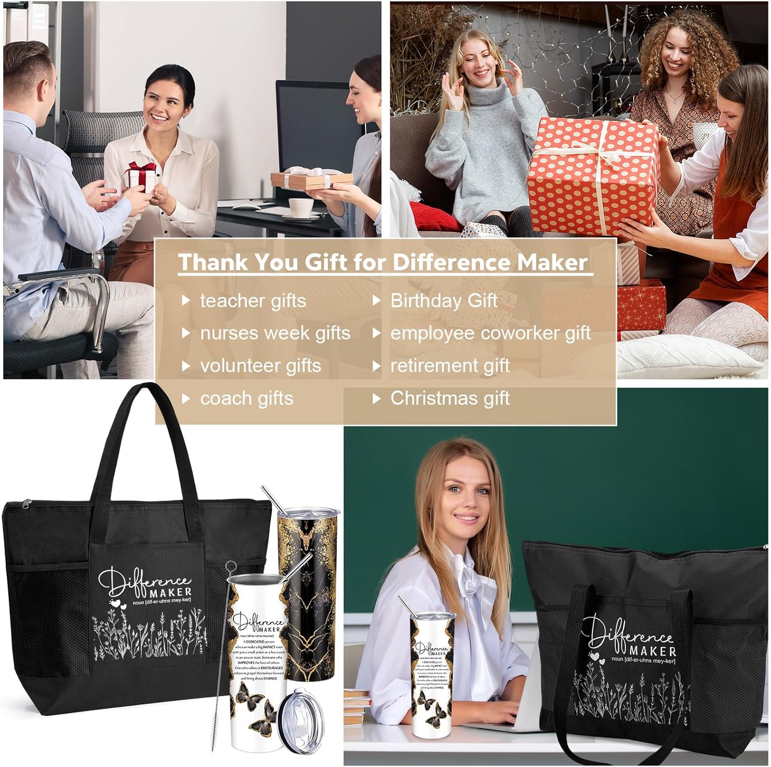 Buryeah 2 Pcs Difference Maker Gift for Women Thank You Tote Bag & Tumbler for Employee Coworker Nurse Social Worker(Black) - Image 2