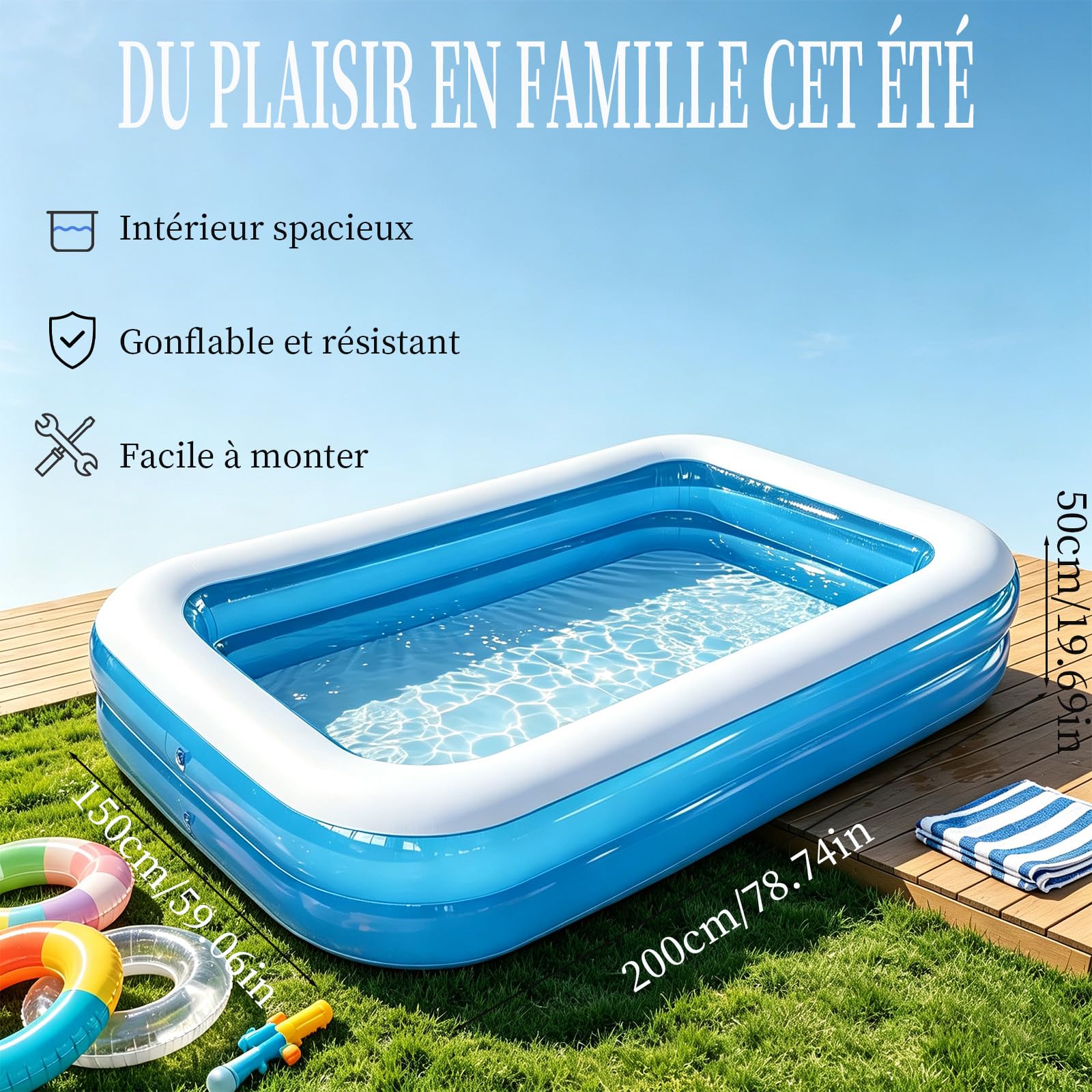 Piscine Gonflable, Piscine Gonflable Familiale Rectangulaire, 200x150x50cm, Anti-éclatement, Spacieuse, pour Jardin, Terrasse et Moments de Fraîcheur