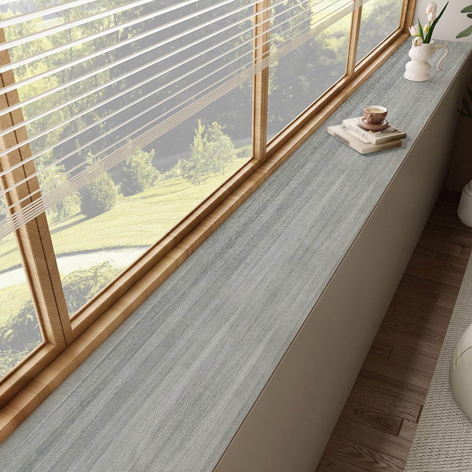 Jxyqzd Grey Window Sill Protector, Faux Leather Wood Grain Window Sill Mat For Bay Windows And Balconies, Waterproof & Non-Slip Window Sills Protector, Easy To Clean/Cut(Gray,79X12in)