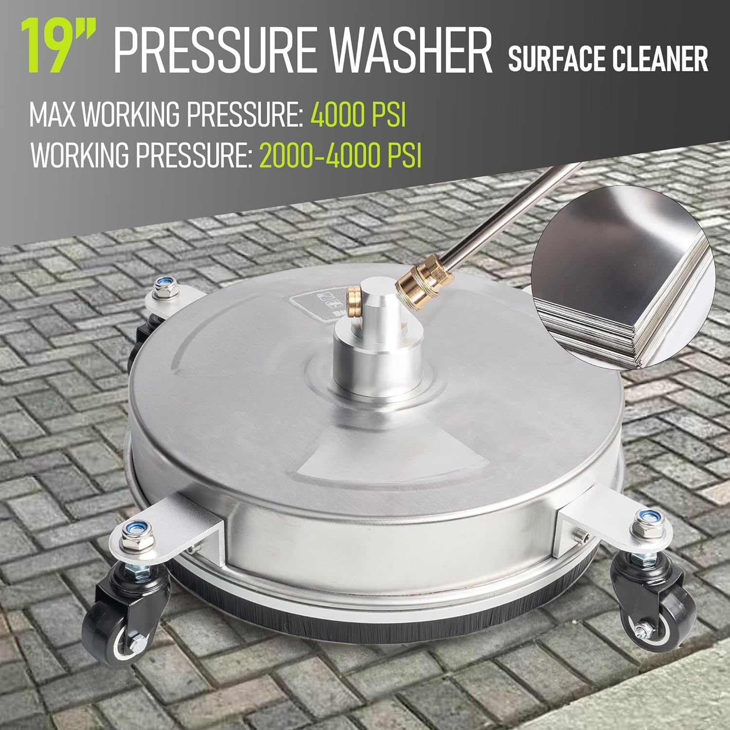 Hourleey 19" Pressure Washer Surface Cleaner, Stainless Steel Surface Cleaner with 4 Wheels for Concrete, Patio, Sidewalk, Deck, Pathway 1/4" Quick Connector, 2 Extension Wand, 4000 PSI