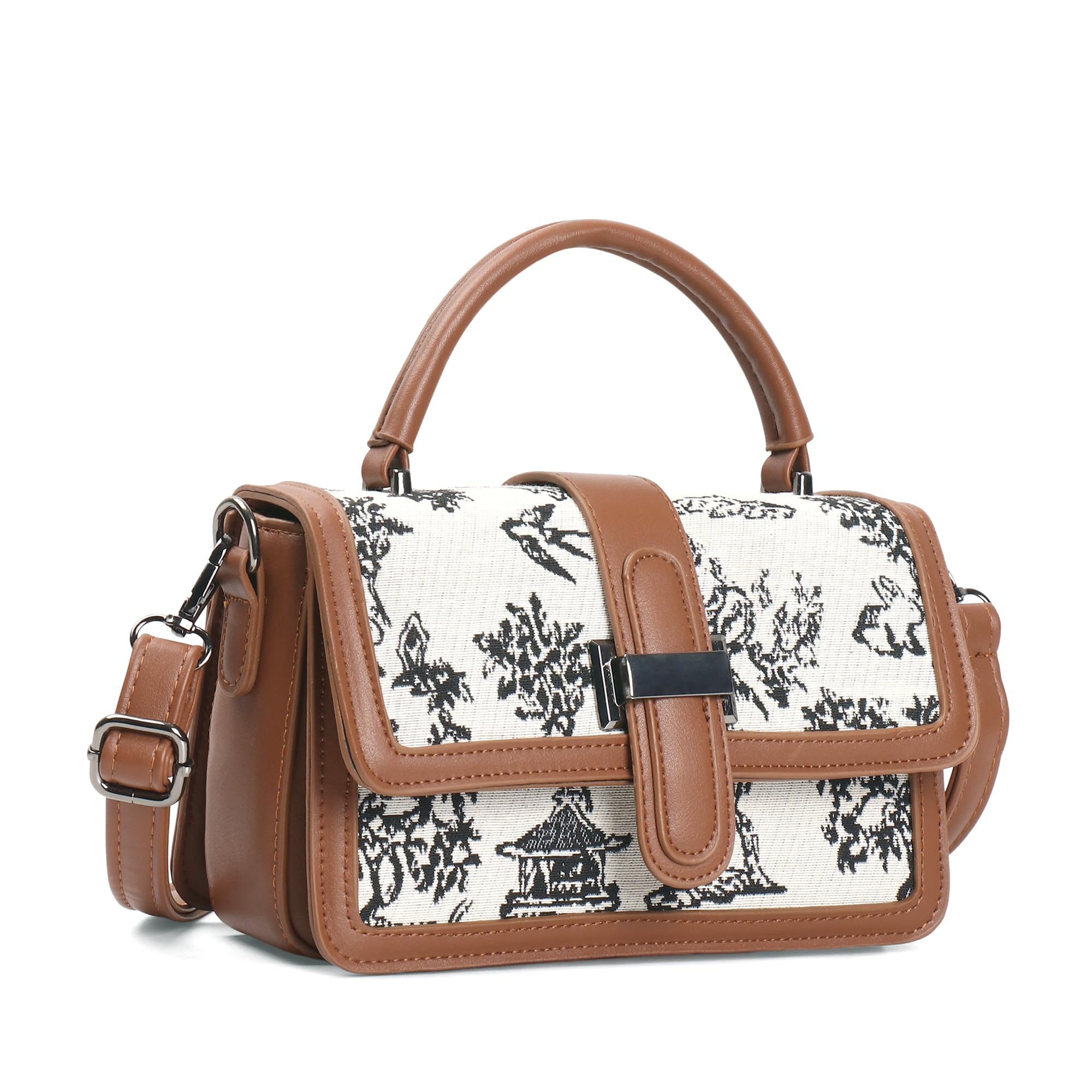 Rosetta Structured Sling Bag for Women | Printed Panel Handbag with Top Handle & Detachable Crossbody Strap | Multi-Compartment Satchel Purse-image-4