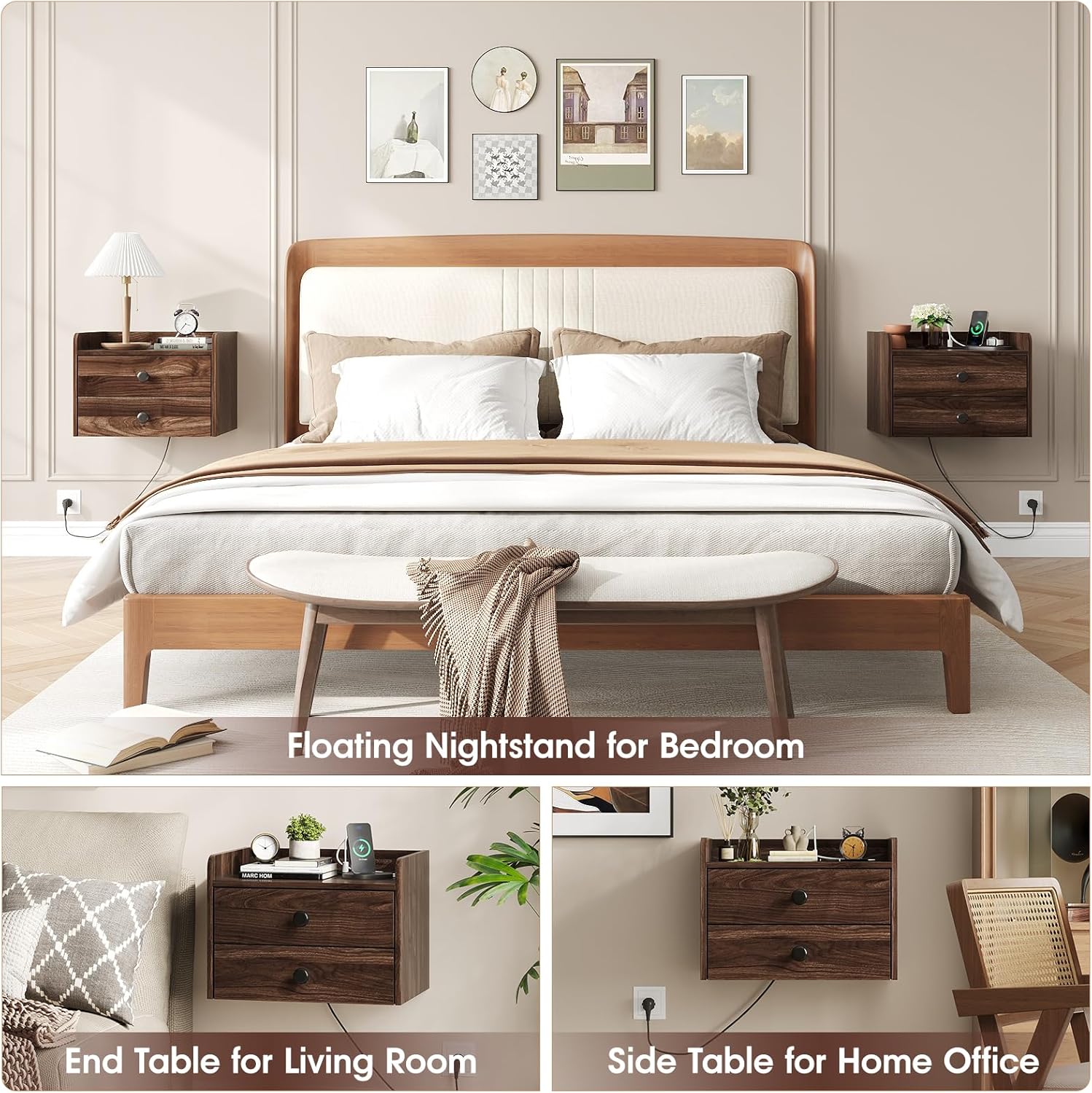 Floating Nightstand Set of 2 with 2 Storage Drawers and Charging Station Wood Wall Mounted Bedside End Table Modern Night Stands Set 2 for Bedroom,Small Space,Brown Walnut