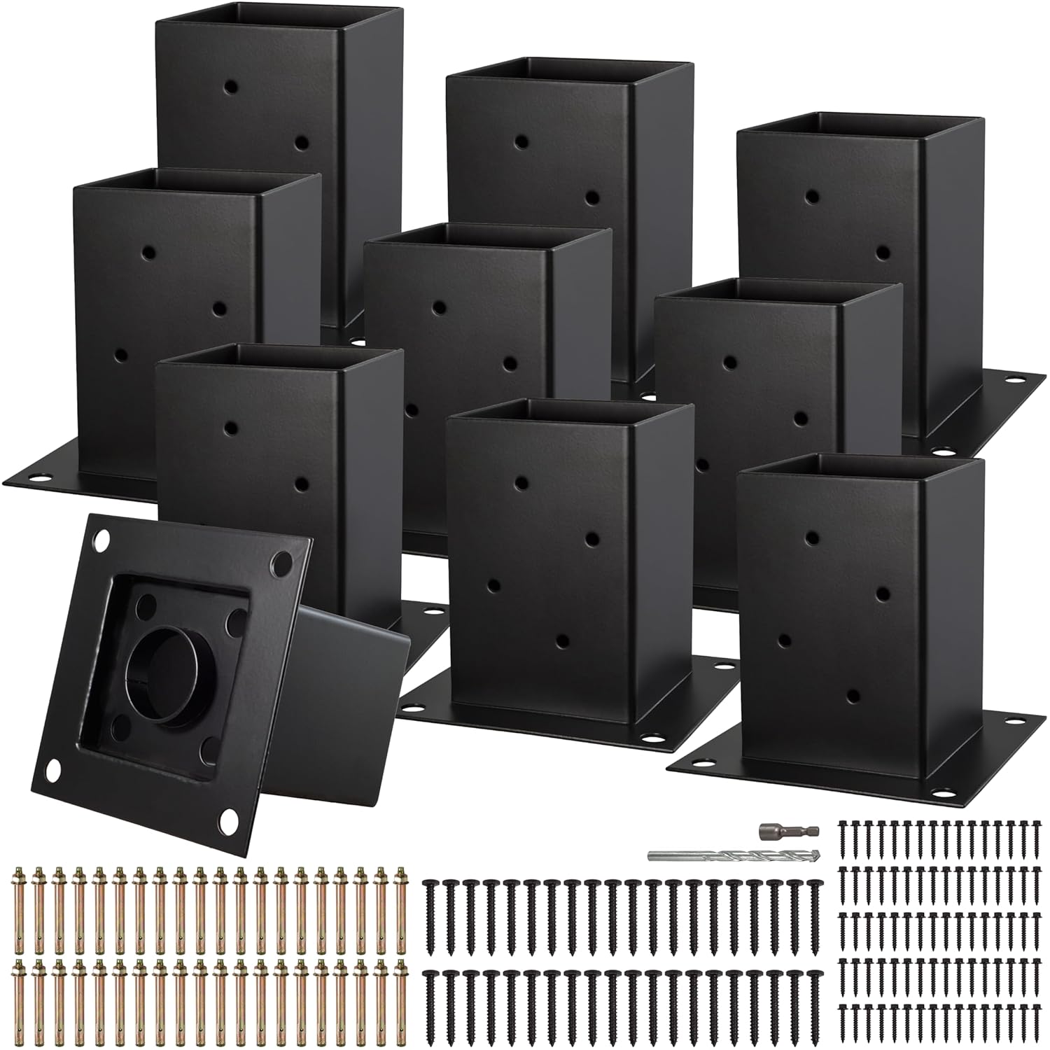 (8 PCS) LADECH 4x4 Post Anchor Base with Bottom Drainage Hole, Black Powder Coated Brackets for Fence Posts, Pergola, Mailbox Post, Come with Wood Screws and Concrete Anchors