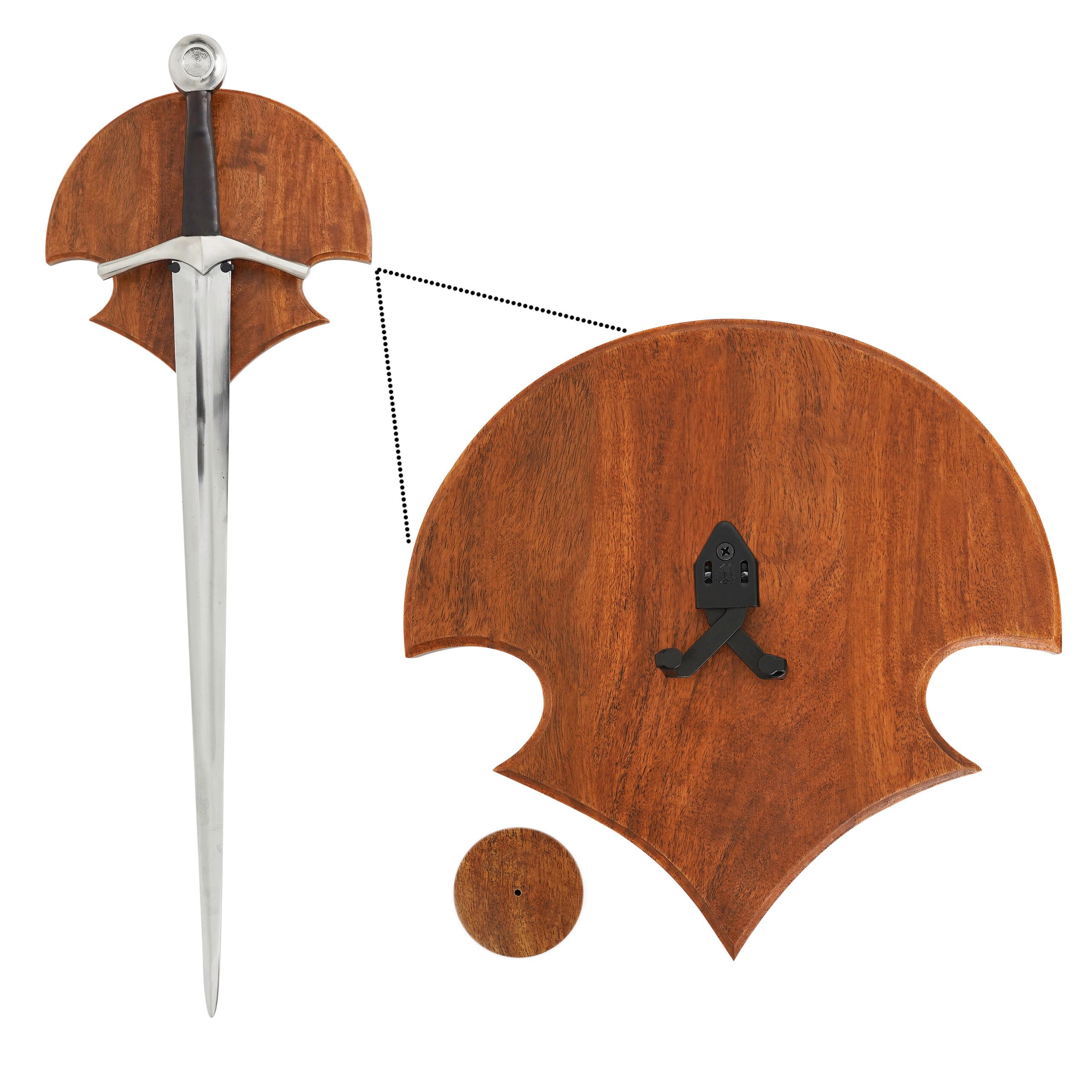 Mythrojan Wooden Sword Wall Mount Medieval Sword Plaque Sword Holder for Display Holder with Hardware Sword Hanger Wall Vertical Mount Single Rack Display Holder Home Décor, Natural - 11.75" x 11.75"
