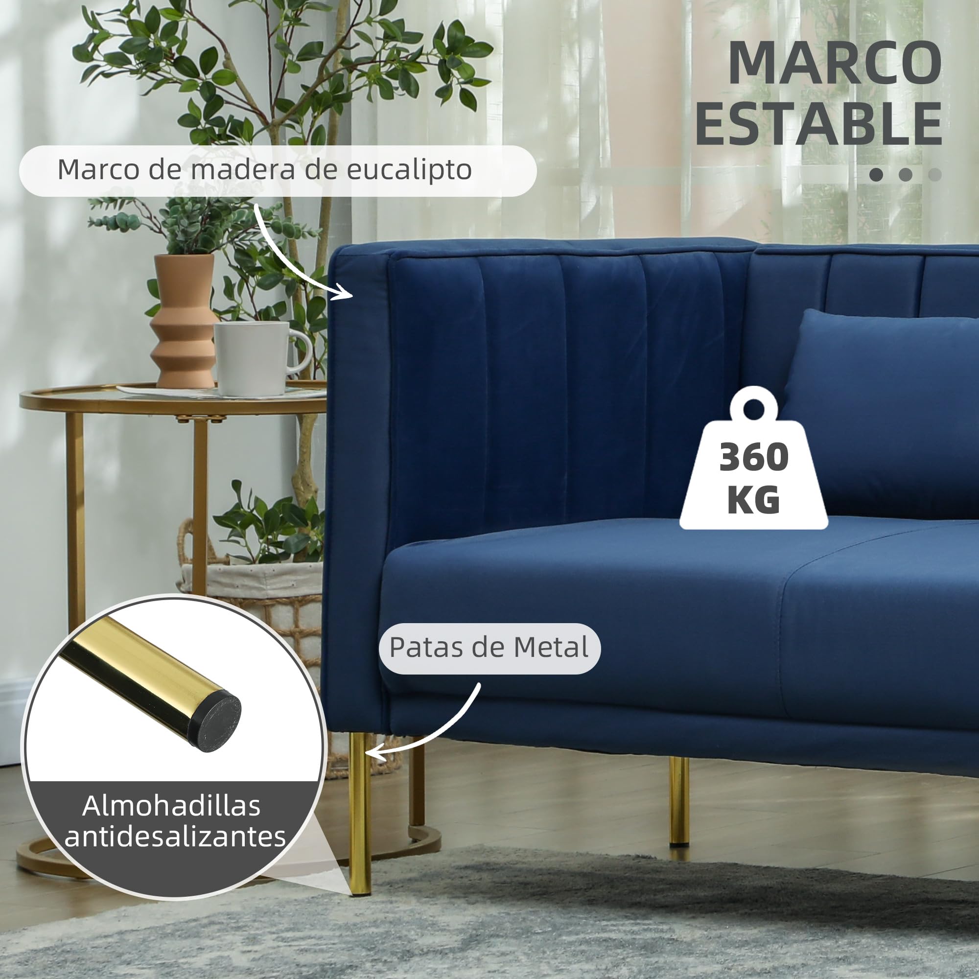 HOMCOM Sofá de 3 Plazas con Tapizado en Terciopelo 194,5 cm Azul Marino | Sofá de Salón, para Sala de Estar, 2 Cojines, Reposabrazos, Patas Doradas