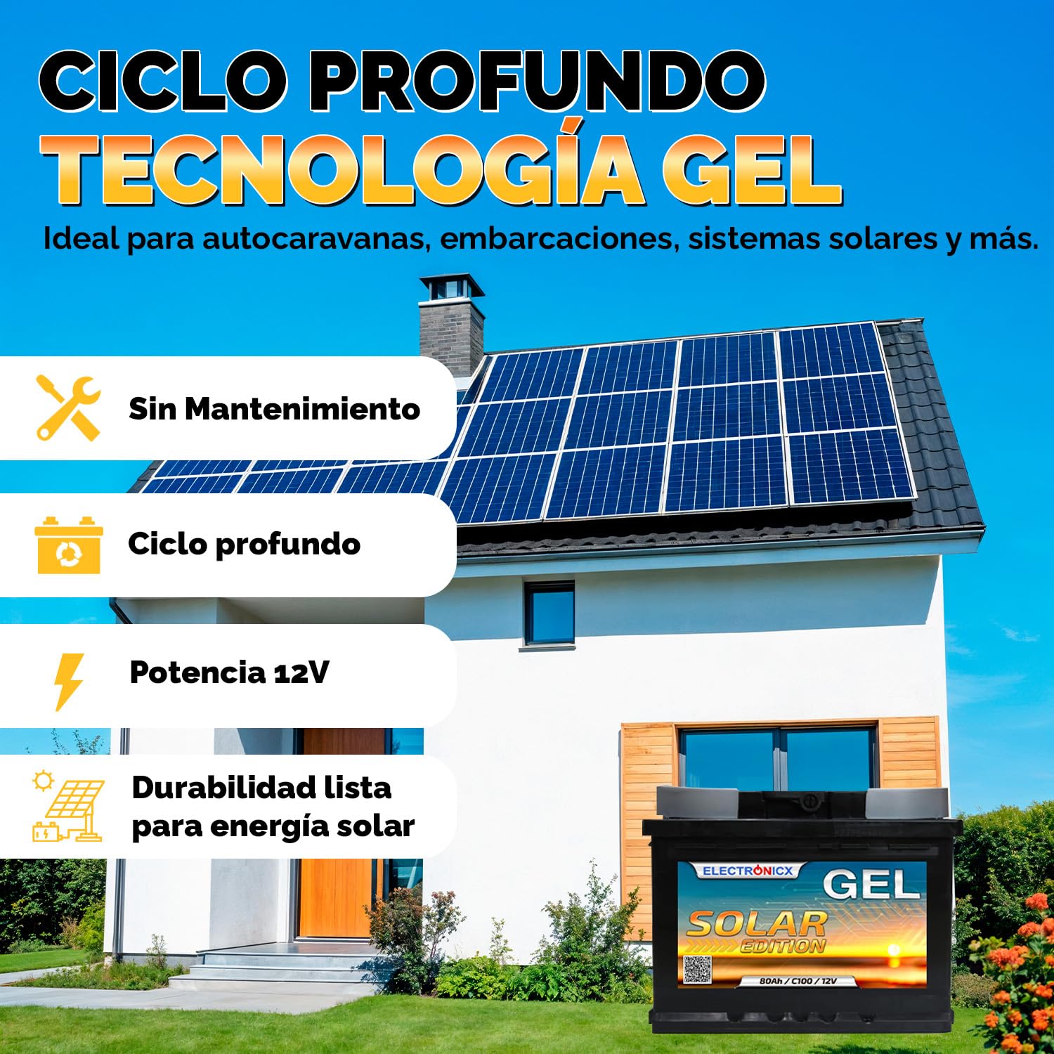 Batería de alimentación Gel Electronicx 12V 80Ah – Batería 12 voltios 80 Ah – batería Solar para Autocaravana, Furgoneta y Barco – acumulador de Gel para fotovoltaica, Camping, Marina
