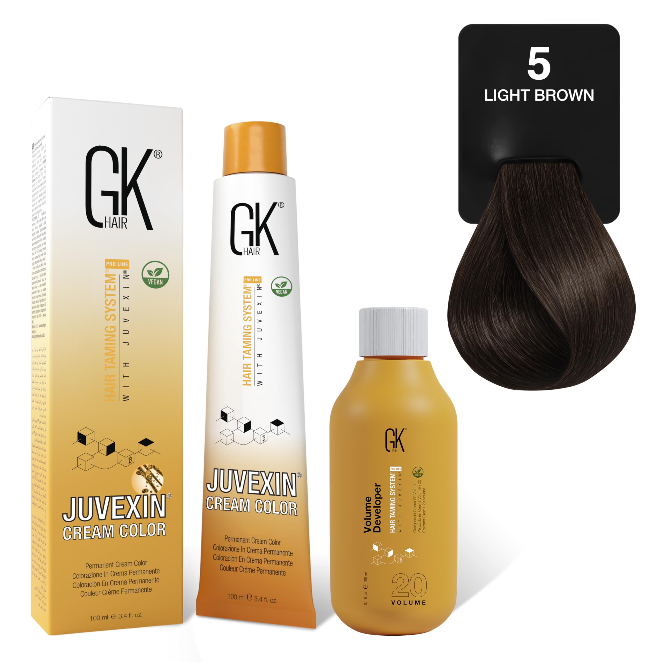 GK HAIR Global Keratin Natural 5 Light Brown Hair Color Cream Tube (3.4 Fl Oz/100ml) + 20 Volume Developer (5 Fl Oz/150ml) - Professional Permanent Long Lasting Toner Dye