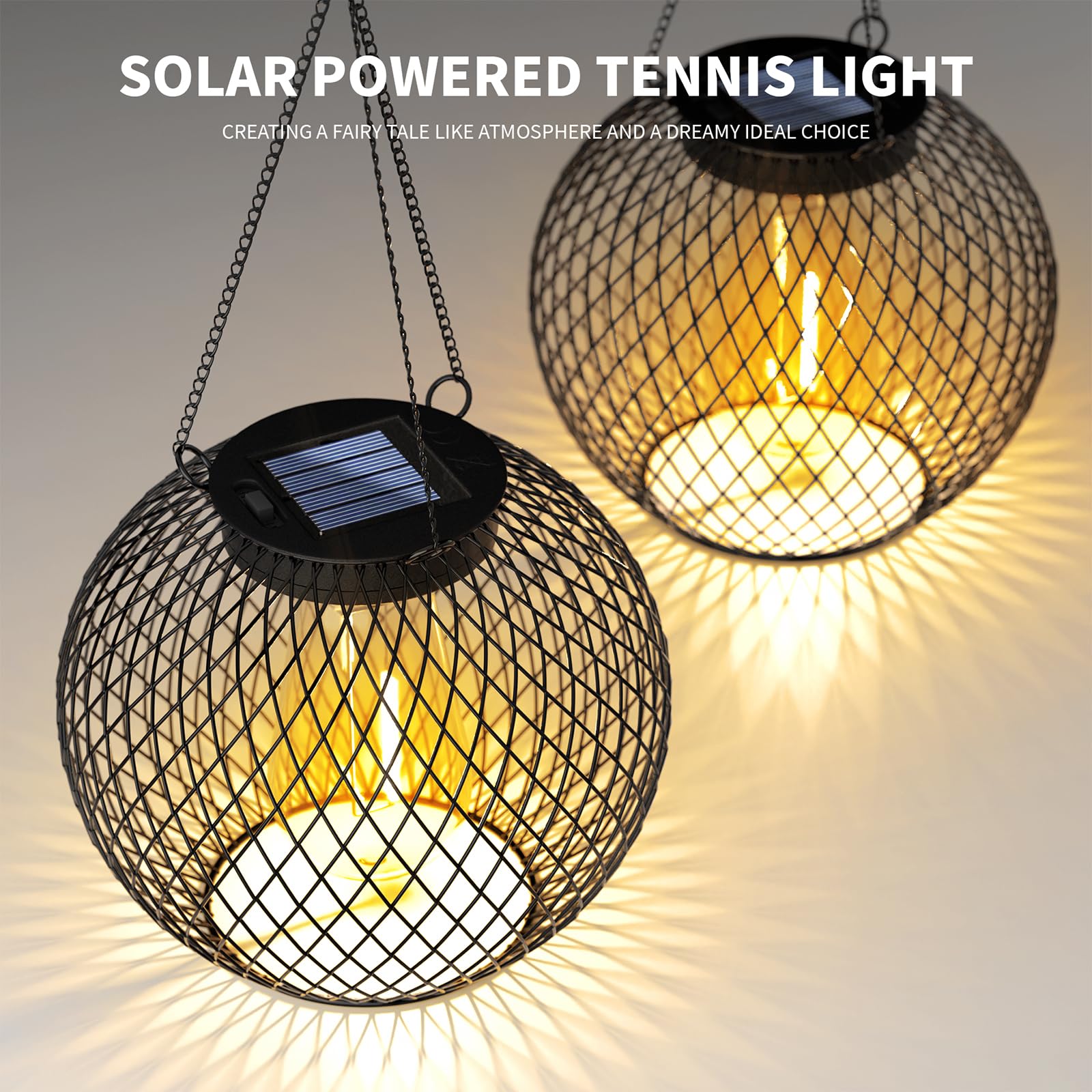 Modernas luces colgantes de malla solar, linternas esféricas colgantes de metal negro con bombillas Edison, montadas en cadena, interiores y exteriores (paquete de 2)