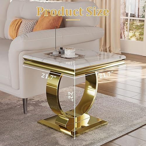 Miniatura 2 de Asday Mesa auxiliar dorada, mesa auxiliar blanca para sala de estar, dormitorio, mesa auxiliar estable con base dorada pulida en forma de U y placa