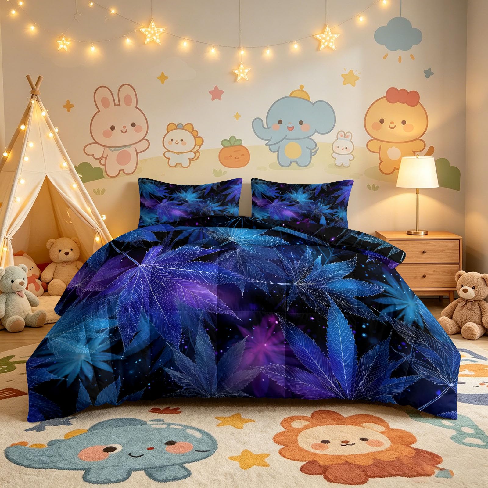 Générique Fantastico Misterioso Trapunta Cielo stellato Foglie Neon Trapunta Senza Fodera 140x200 cm 4 Stagioni Cooling, Trapuntato Morbido, Lavabile con 2 federe