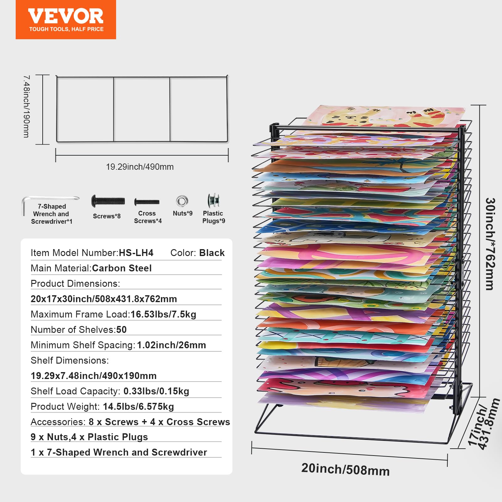VEVOR Sèche-Dessins, Séchoir à Dessins 50 Étagères Amovibles, Support de Séchage d'Œuvre d’Art 508x432x762 mm, en Acier au Carbone, avec Base Stable, pour Salle de Classe, Studios d'art, Écoles, Noir