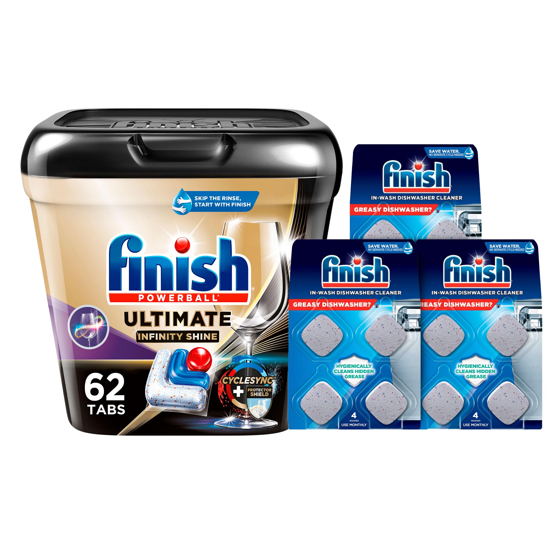Bundle of Finish Ultimate Plus Infinity Shine - 62 Count - Detergent + Finish In-Wash Dishwasher Cleaner Tabs - 3 Count (Pack of 4)