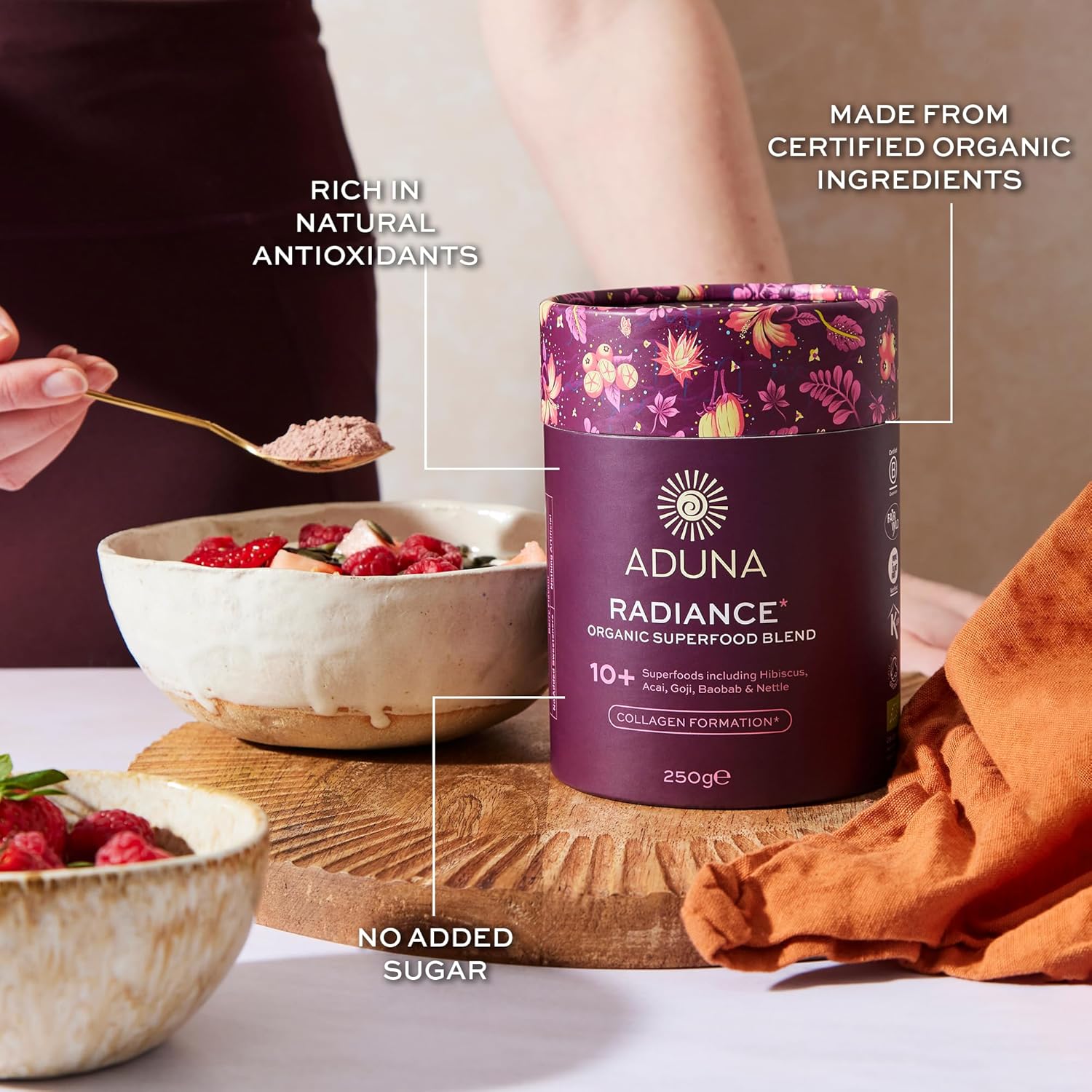 Aduna Organic Radiance Superfood Blend | 100% Natural Stir-in Blend With 10+ Superfoods for Skin Glow, Collagen Support & Hormone Balance | Vegan Powder for Yogurt, Juices, & Smoothies | 250g