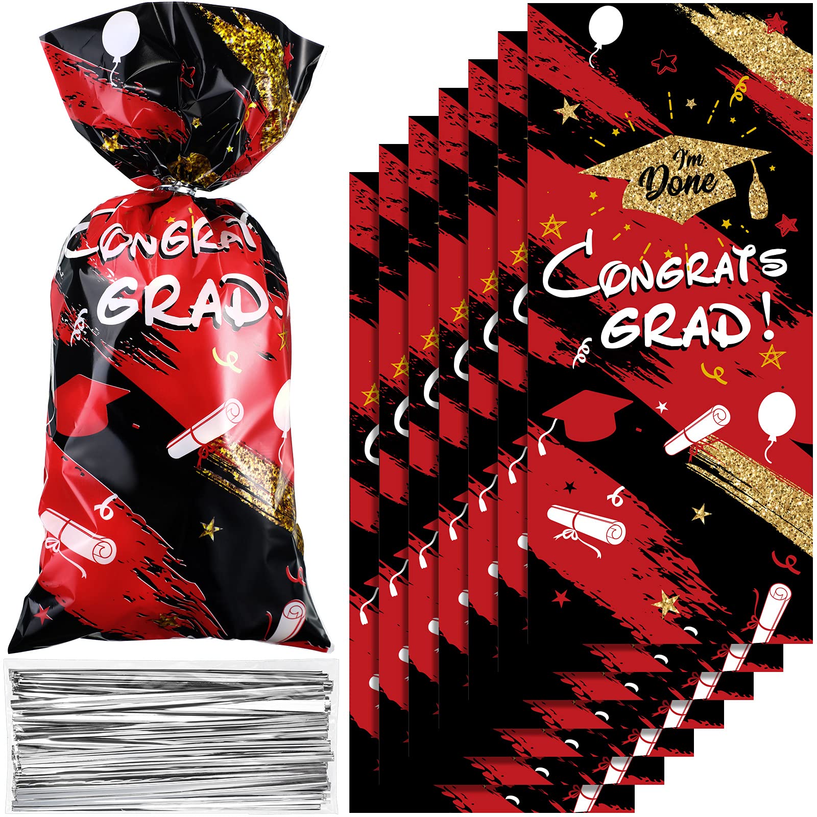 Blulu 100 Pieces Graduation Cellophane Treat Bags Congrats Graduates Candy Plastic Goodie Wrapping Gift Bags with 100 Silver Twist Ties for Grad Party