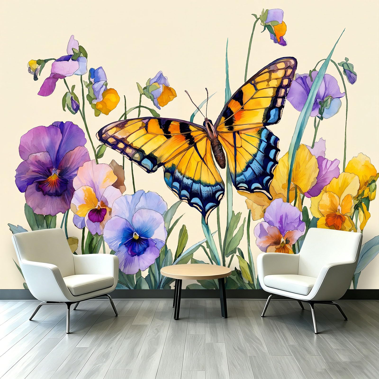 Motyl kwiatowe liście mural tapeta 200 x 140 cm (szer. x wys.), dekoracja ścienna, akwarela, estetyczny design, dla nastolatków, dzieci, sypialni, pokoju zabaw, dekoracja domu, tapeta