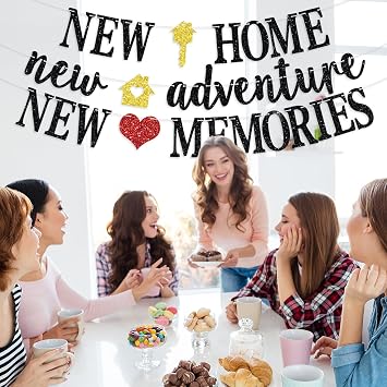 New Home New Adventure New Memories Banner, Welcome Home/Housewarming Party Backdrop, New House Who Dis, Housewarming/Family Reunion Party Bunting Sign, Black Glitter
