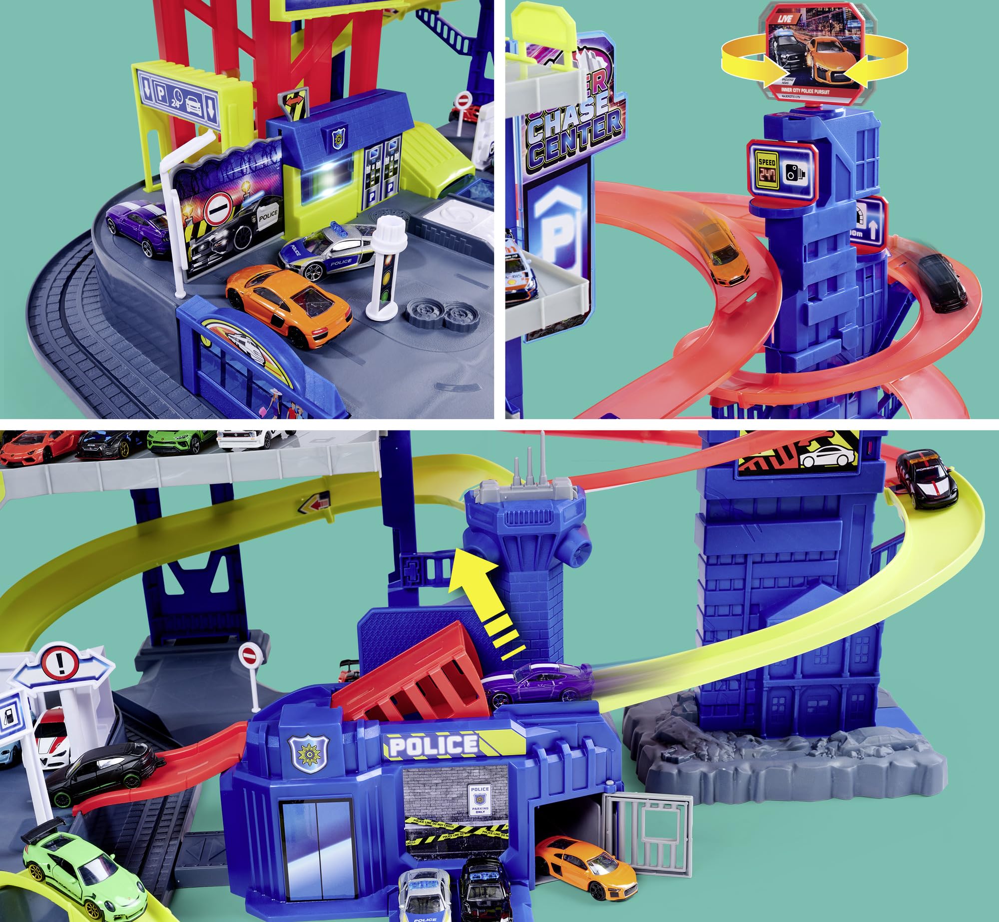 Majorette – Super Chase Center - Parking de 6 Pisos, con persecución, Garaje para niños a Partir de 5 años, Incluye Coches de Juguete, Tren, Ascensor, luz y Sonido, Negro