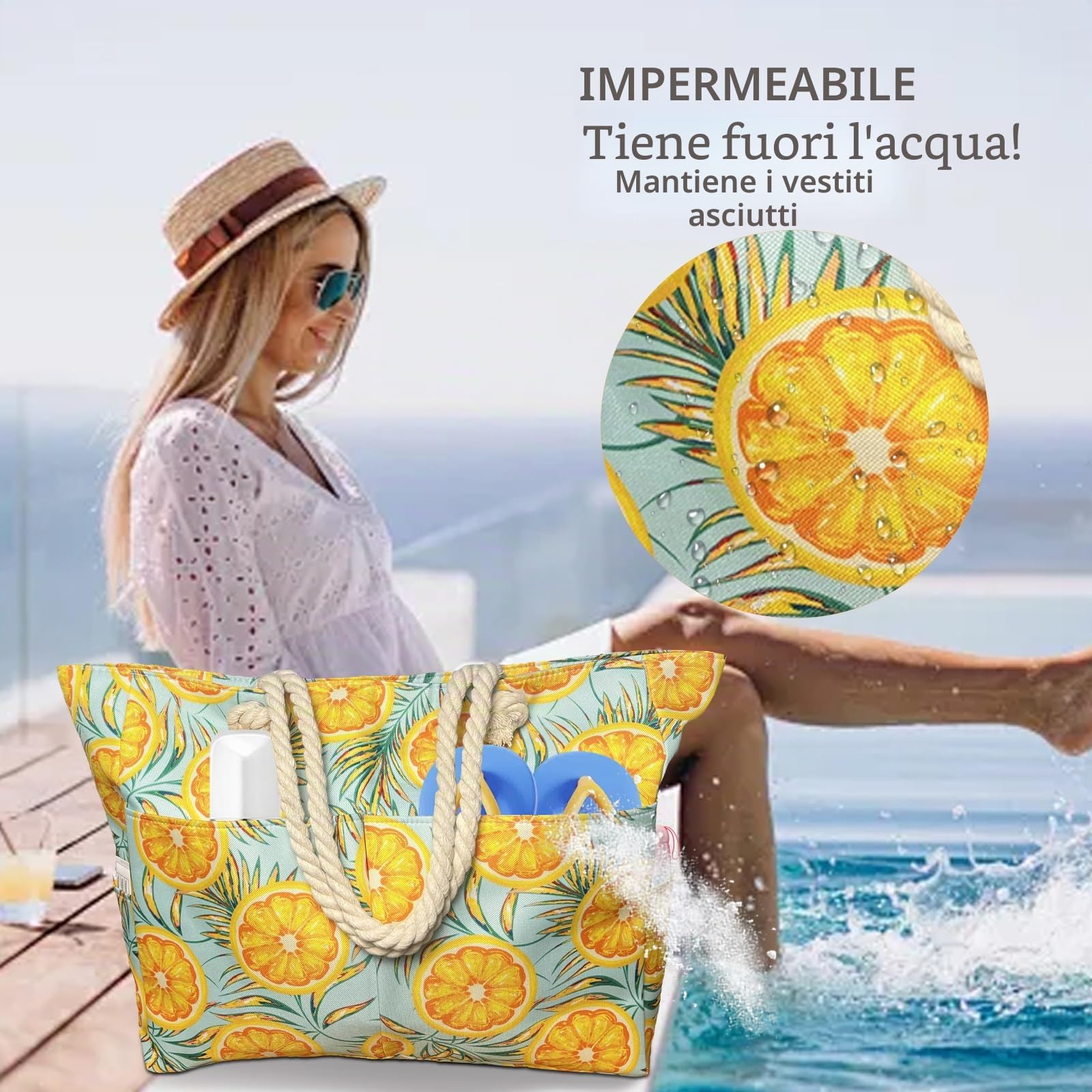 Borsa Spiaggia XXL 50L Arancione Donna Grande Impermeabile Pieghevole Termica con Cerniera