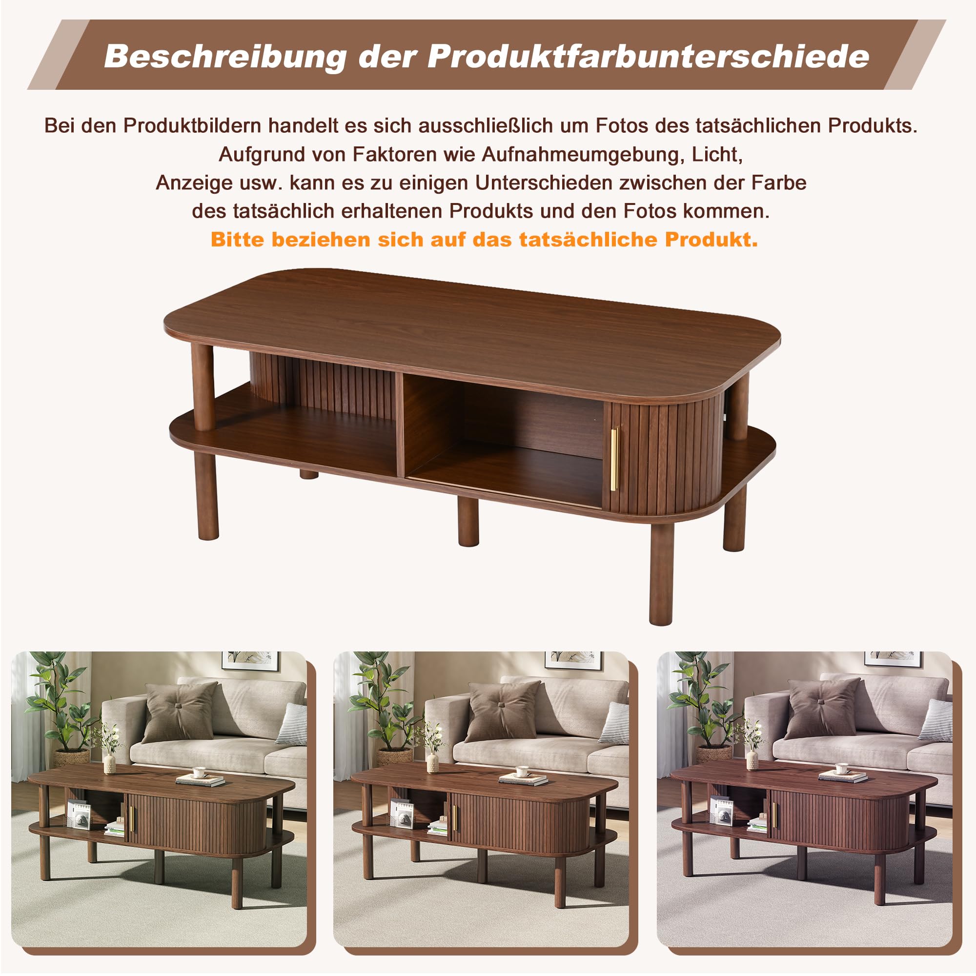 Couchtisch 110x55x45cm aus MDF, Skandinavischer, Rolltor, offene Fächer, Stauraum, belastbar 60 kg, Walnussholzfarbe