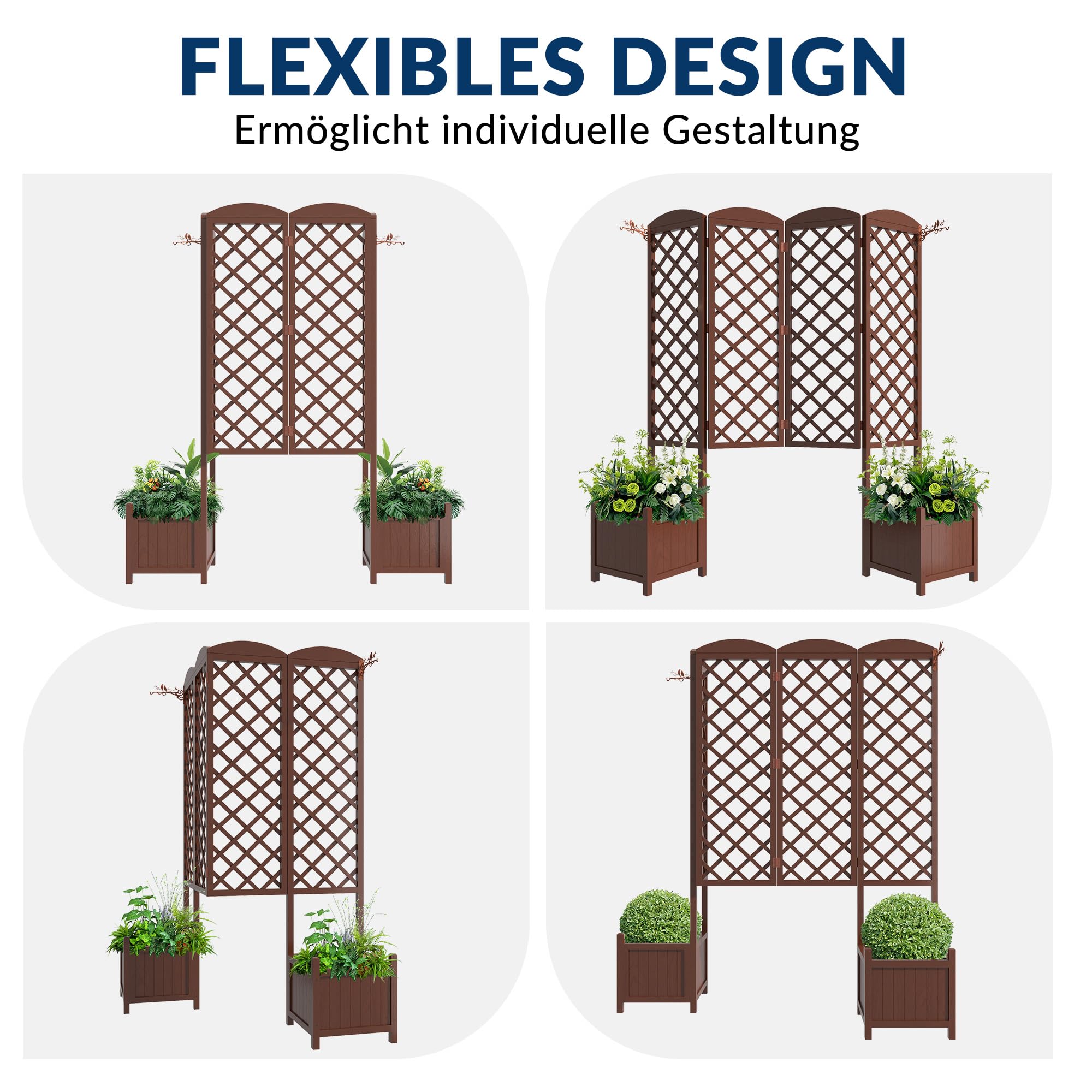 Cassetta da Giardino con Griglia Rampicante, Aiuola Rialzata Impermeabile in Legno di Abete 160x40,6x183cm, Schermo Privacy con Drenaggio per Piante Rampicanti, Frutta, Verdura(Confezione da 2 pezzi)