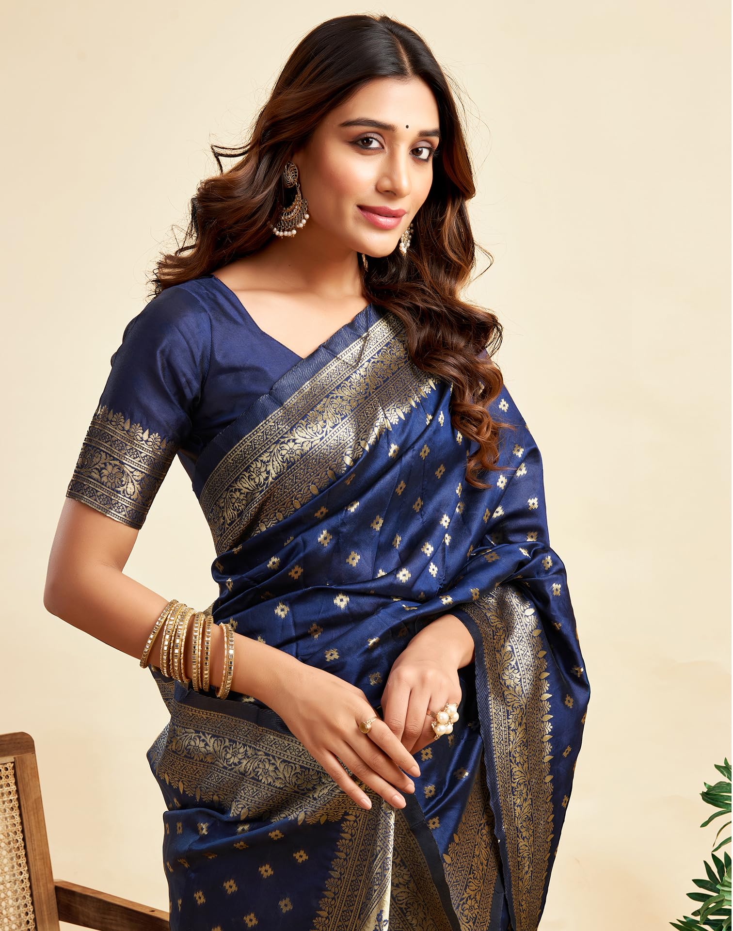 SIRIL Women's Soft Silk Saree | Banarasi Silk Sari | Jacquard Zari Work Saree With Unstitched Blouse Piece (4051S576_Navy Blue) - Image 6 thumbnail