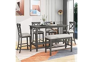 Modern Gray High Dining Table Set for 6 with 4 Chairs and Bench