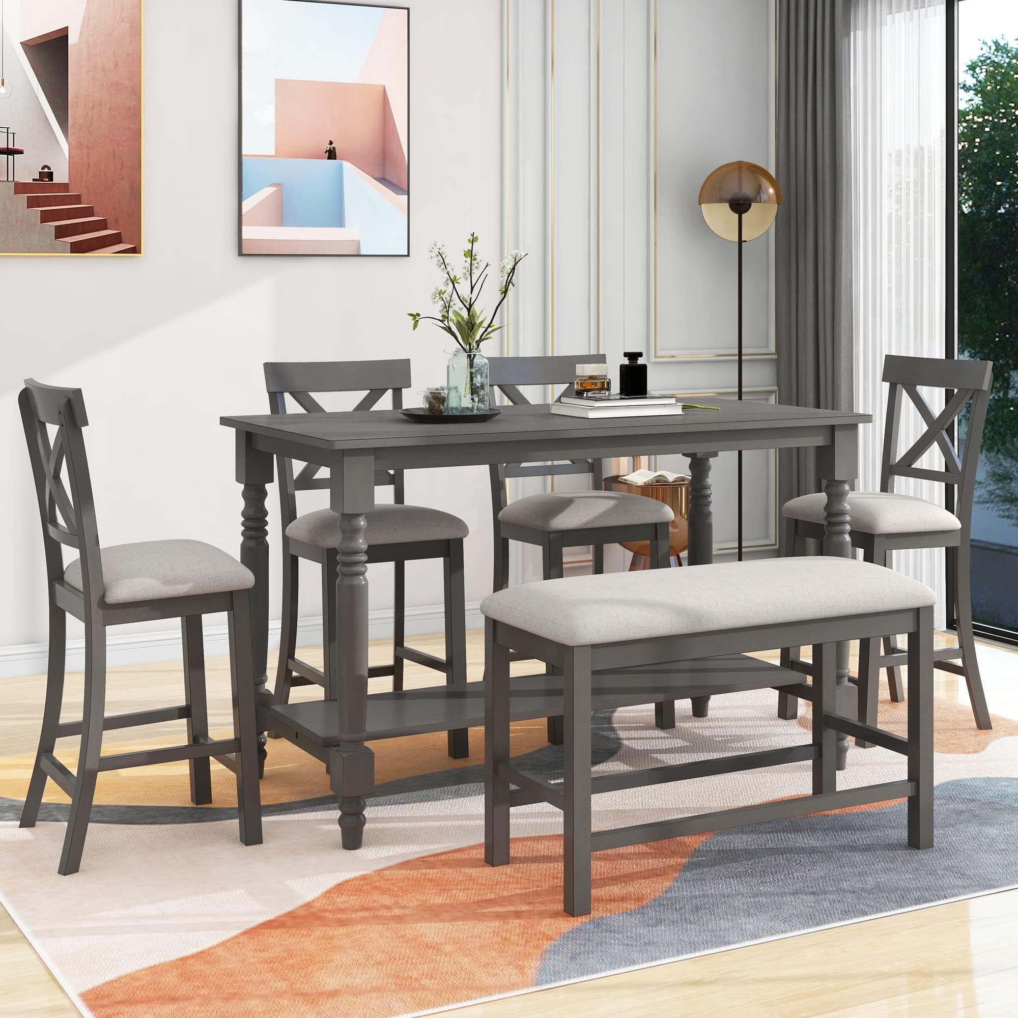 Pieces Counter Height Rectangle 4 Upholstered Bench, Storage Shelf,Wood Kitchen Dining Table Chairs Set for 6 Persons,Gray, Gray2