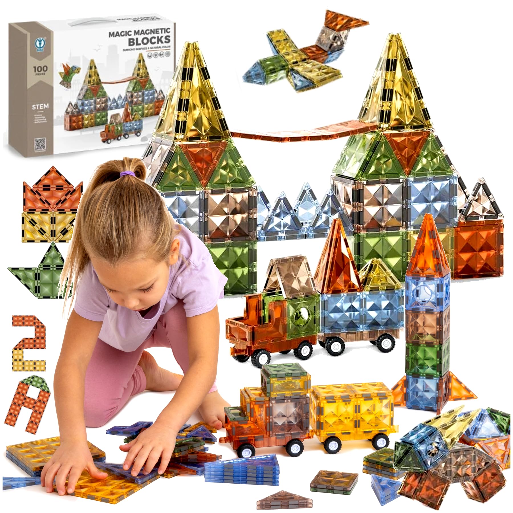 Magnetyczne Klocki Konstrukcyjne, Magic Magnetic Blocks 100 Elementów, Natularna Kolorystyka, Zestaw z Podwoziami, dla Dzieci 3+