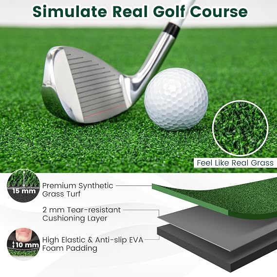 SPOTRAVEL 5 x 3FT/5 x 4FT Golf Practice Mat, Artificial Golf Hitting Mat with 2 Rubber Tees & 2 Alignment Sticks, Portable Chipping Mat for Pros & Beginners