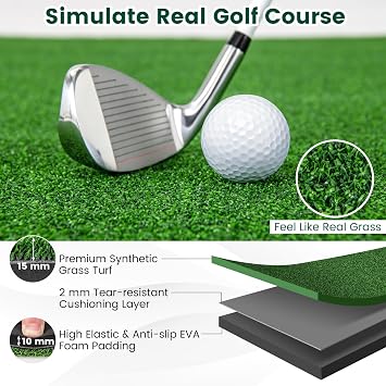 SPOTRAVEL 5 x 3FT/5 x 4FT Golf Practice Mat, Artificial Golf Hitting Mat with 2 Rubber Tees & 2 Alignment Sticks, Portable Chipping Mat for Pros & Beginners