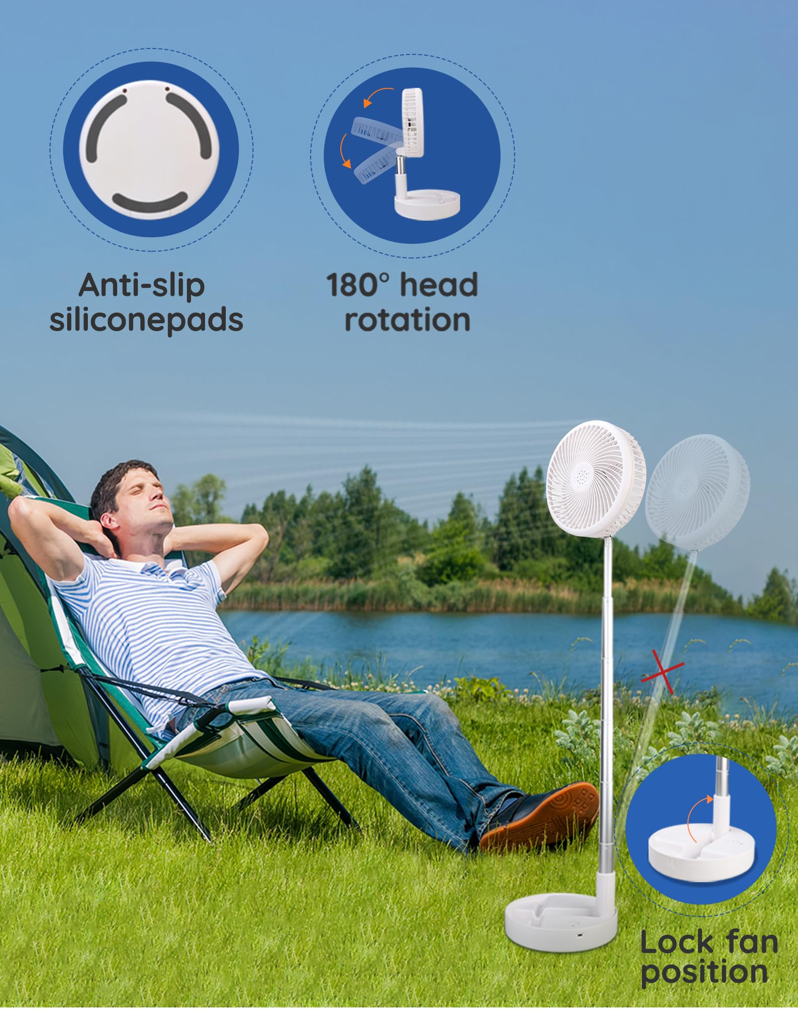 Primevolve Ventilateur de 8" pliable avec télécommande, batterie 7200 mAh, USB, ventilateur sur pied, portable, pour extérieur, voyage, camping, table silencieuse pour chambre à coucher, bureau