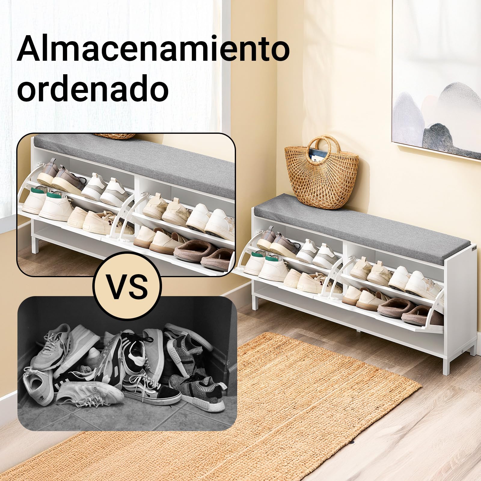 SoBuy Banco Zapatero con Asiento 105x24x52cm para recibidor | Zapatero banco con cojín gris, estructura hierro y MDF, capacidad 8 pares, carga 250kg FSR151-L-W