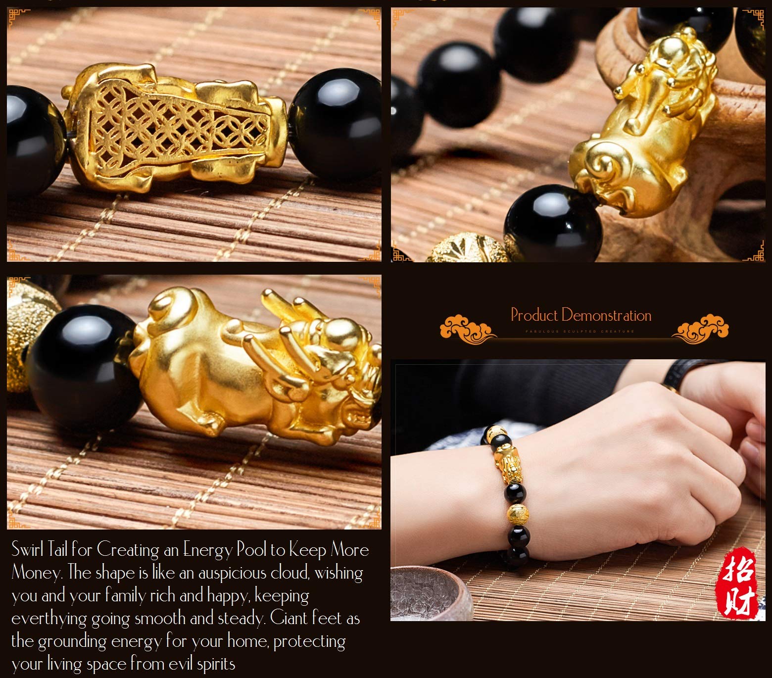 XIMEO Bracciale Feng Shui Con Occhio Di Tigre Dorato E Pixiu – Portafortuna In Pietra Naturale – Regalo Energia Curativa Per Uomo E Donna