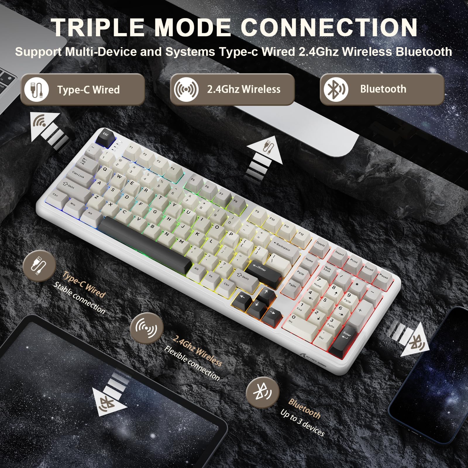 MAMBASNAKE x Attack Shark X98 Tastiera meccanica Gasket 102 tasti, tastiera da gioco wireless con cavo a spirale, Tri-Mode 2.4G/BT/USB-C, switch lineare hot-swap, RGB, NKRO per Win/Mac (bianca)