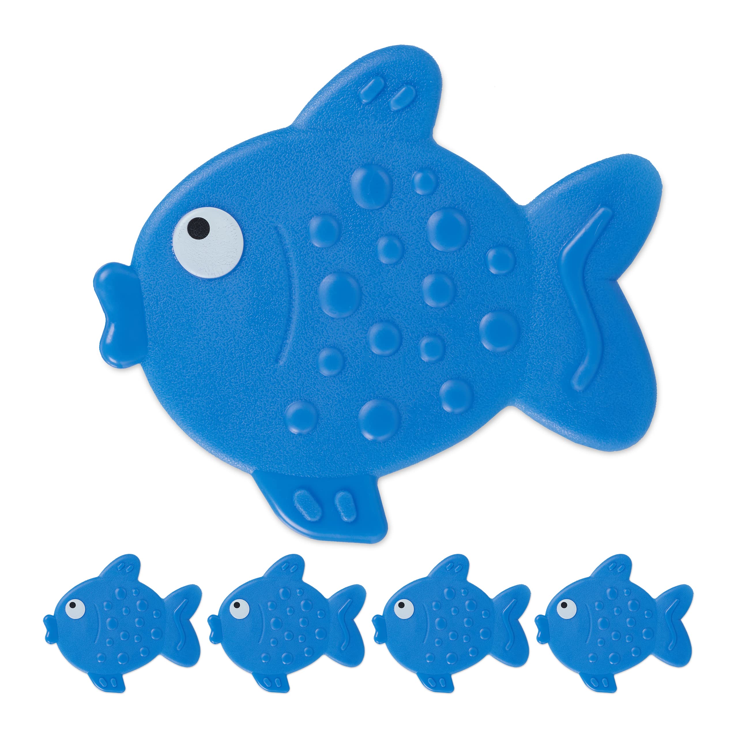 Relaxdays Adesivi Antiscivolo Doccia, Pad per Vasca da Bagno per Bambini, Set 5 Sticker a Pesce, con Ventose, Blu