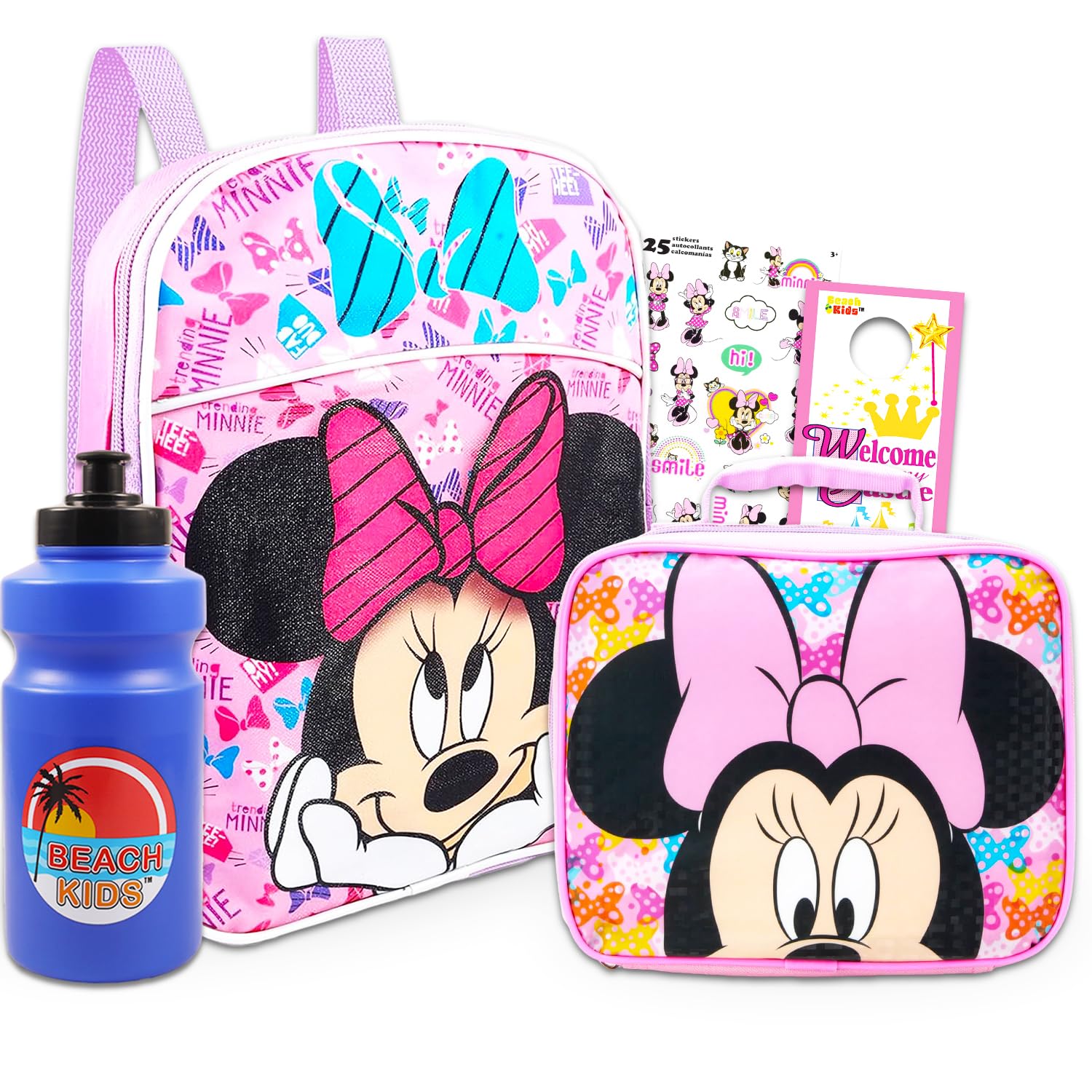 Fast ForwardMinnie Mouse Backpack and Lunch Box Set - Bundle with Mini 11" Minnie Backpack, Minnie Mouse Lunch Box, Water Bottle, Stickers, More | Minnie Mouse Backpack for Girls