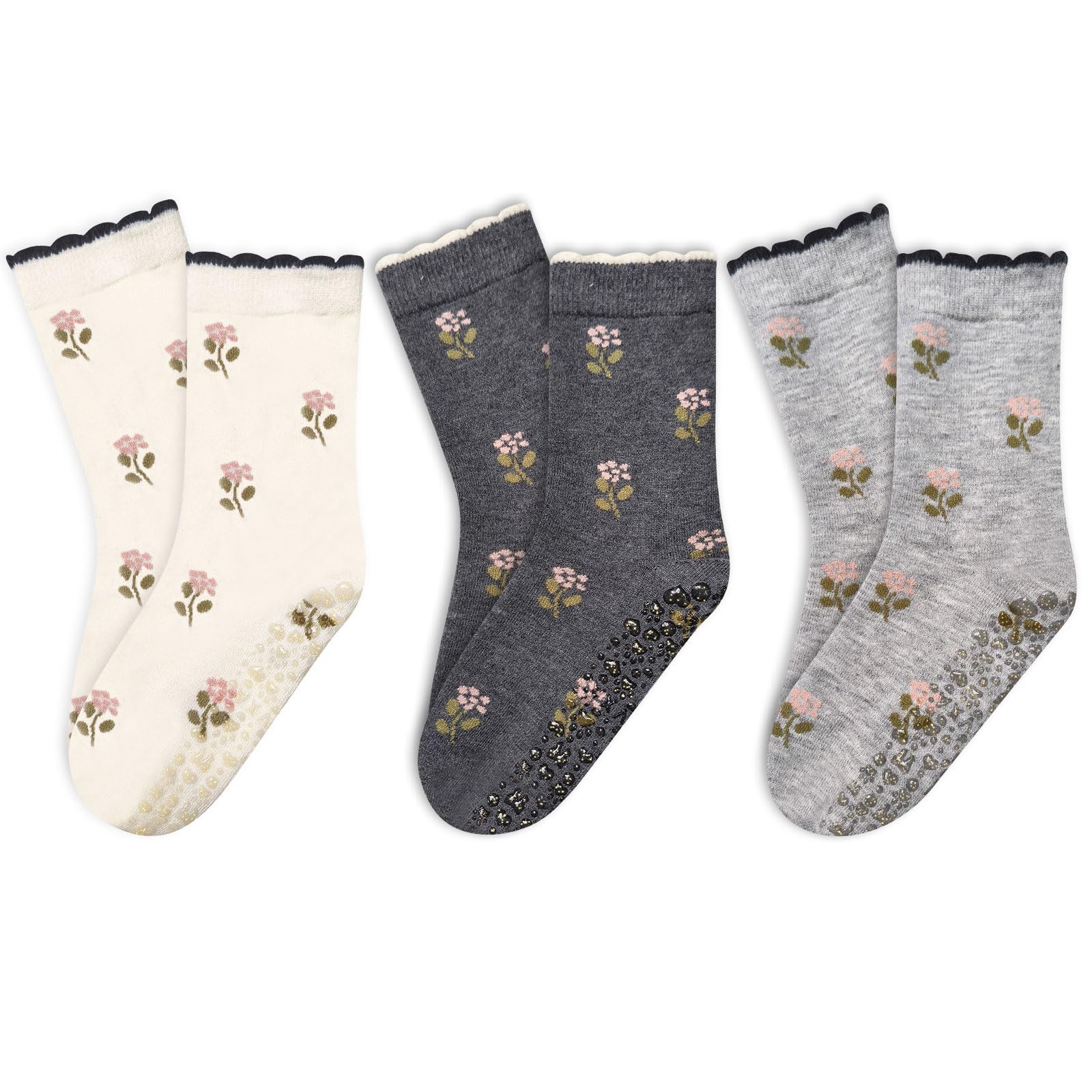 COARVXA 3 Pairs Cute Pilates Grip Socks for Women Ruffle Vintage Floral Pattern Non Slip Grip Socks for Yoga, Barre, Barefoot