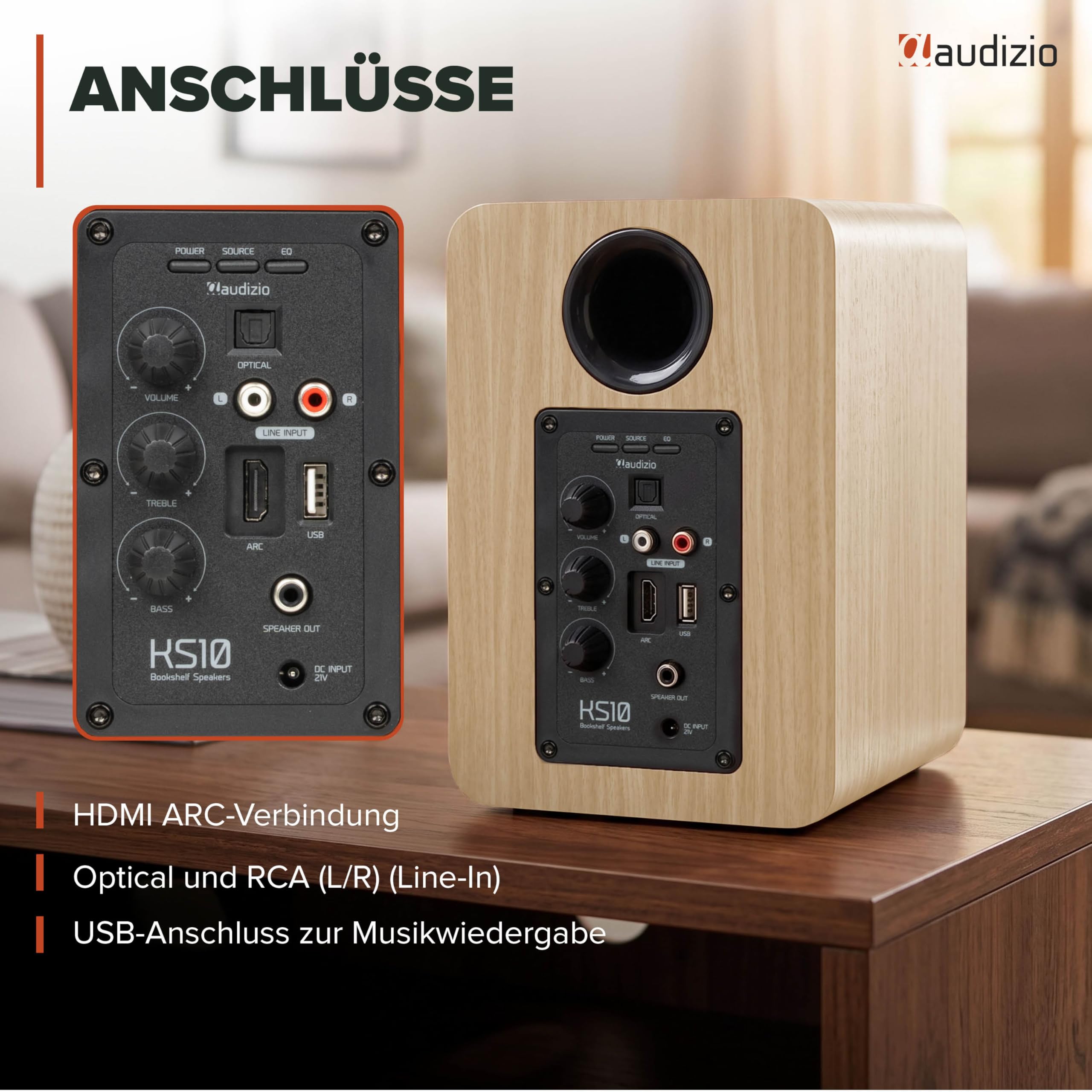 Audizio KS10 Aktiv Lautsprecher Boxen Set 120 Watt – HiFi Boxen mit Bluetooth 5.0 für TV, PC, Gaming – HiFi Lautsprecher mit Verstärker, HDMI ARC, Optisch, USB & Fernbedienung - Holz