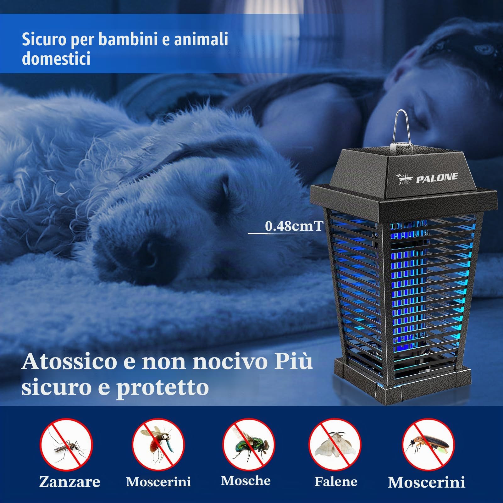 PALONE Solare Lampada Antizanzare Elettrica 2600mAh 4500V | Ricaricabile Zanzariera Elettrica, USB Lampada Zanzare con 7,5W/5V Pannello Solare & Cavo 3,6m per Esterno Interno e Giardini