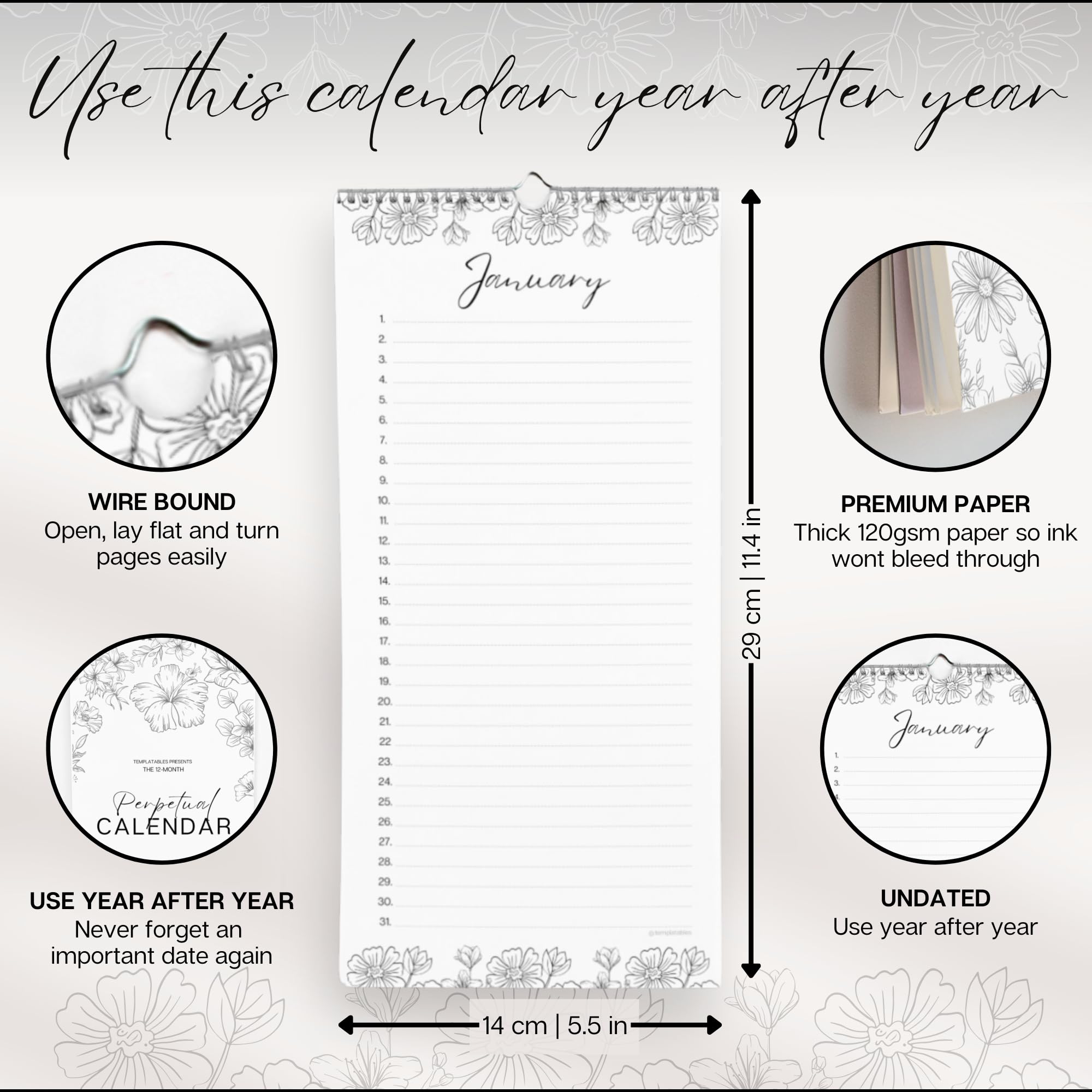 Perpetual Monthly Wall Calendar for Birthdays Anniversaries & Special Dates, Mono - Image 4
