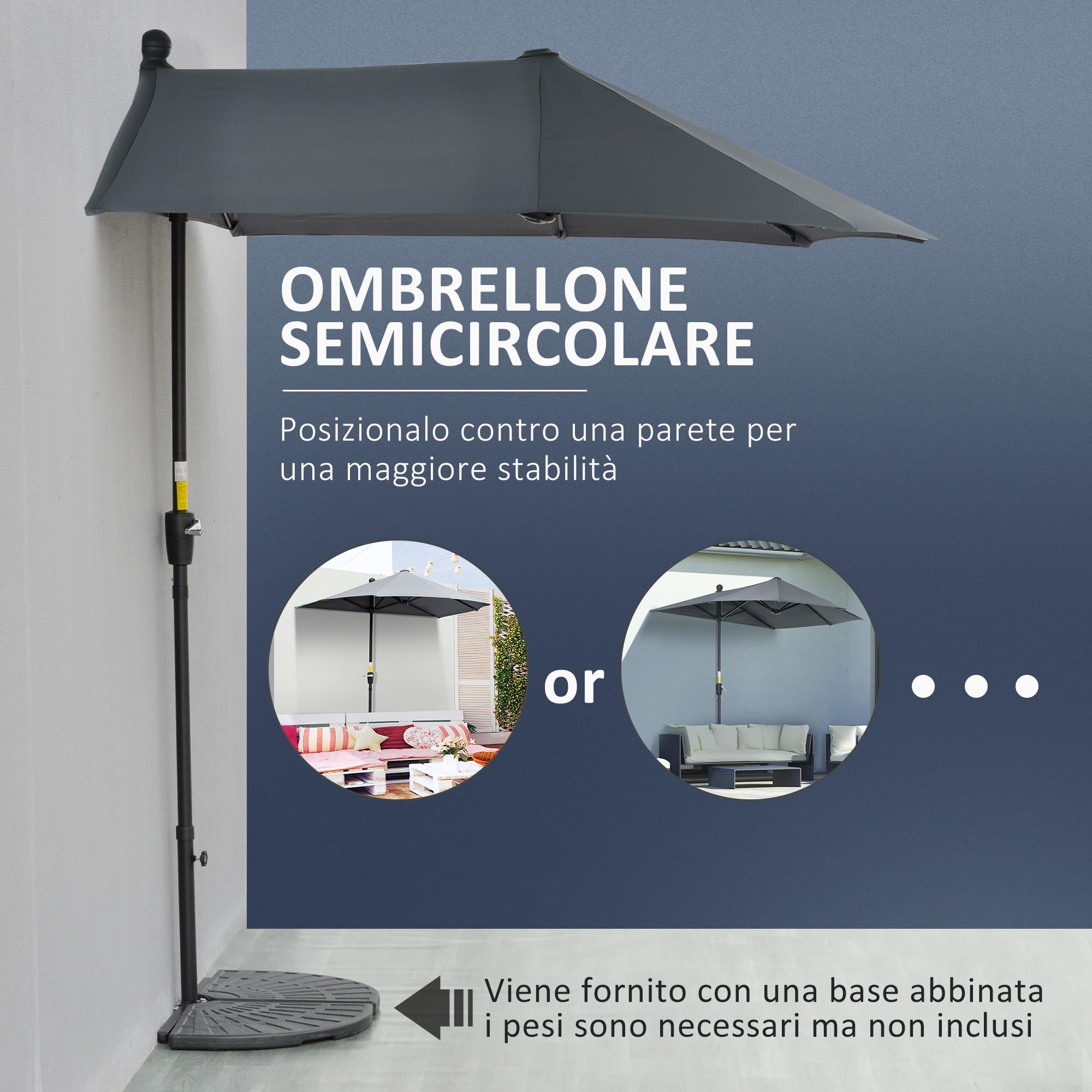 Outsunny Ombrellone da Giardino Parete e Muro 2x1.9 m Anti UV | Apertura a Manovella, Ombrellone Mezzaluna Doppio, 7 Stecche, Supporto a Croce in Acciaio, Poliestere 180g/㎡, Balcone