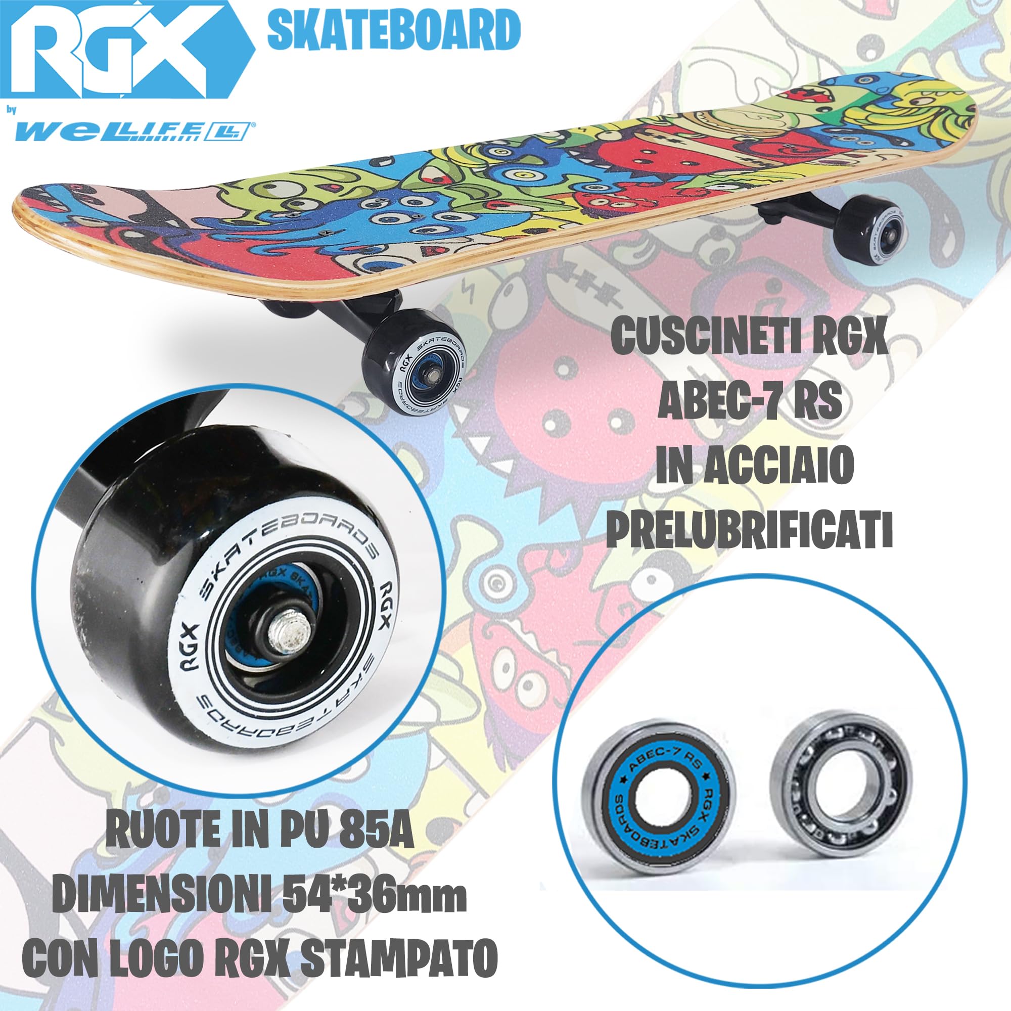 WeLLIFE Skateboard Completo per Principianti - Serie RGX in Legno 80x20 cm, 9 Strati d’Acero Concavo Double Kick, Cuscinetti Abec-7, Disegno su Grip Tape - Adatto a Bambini, Giovani e Adulti