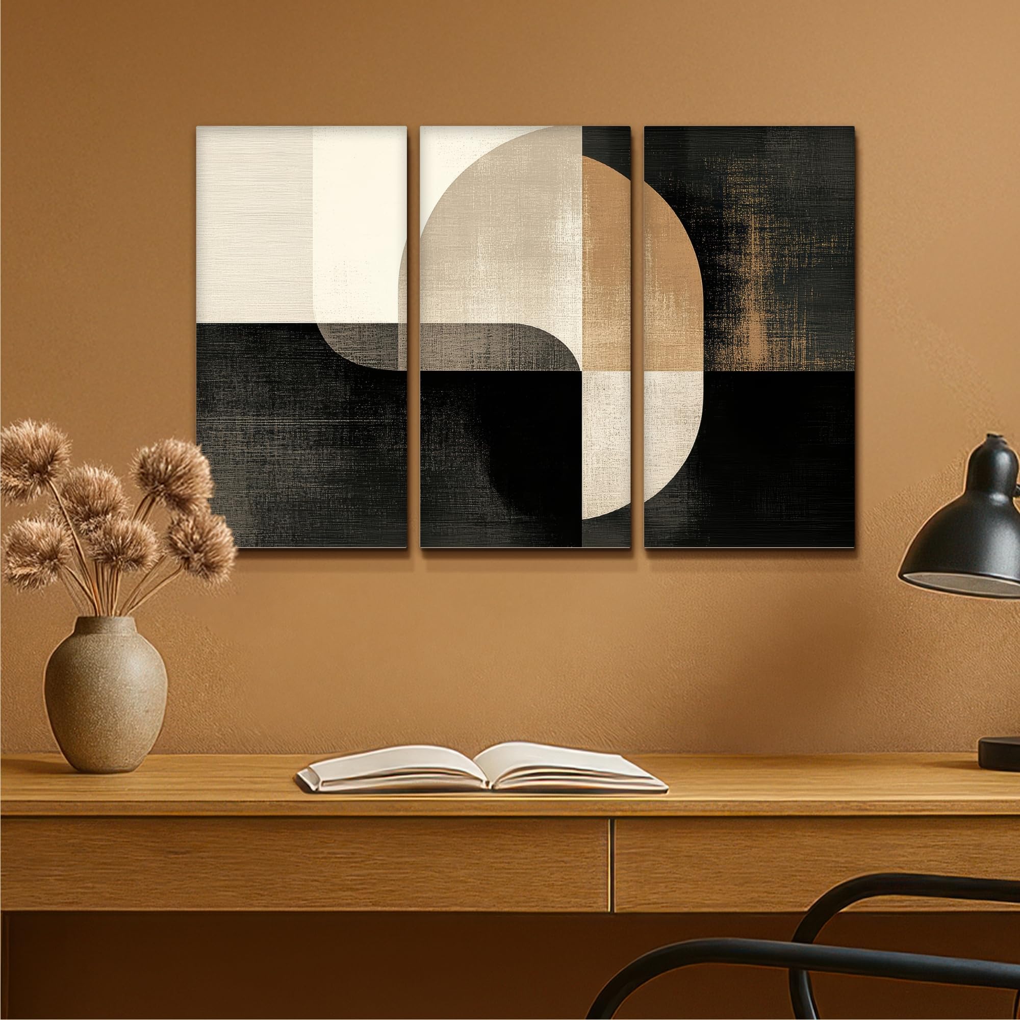 MuchoWow© Wandbilder 3er Set 90x60 cm Wohnzimmer Wanddeko Schlafzimmer Zimmerdeko Wandgemälde Zimmer Deko auf Wand Dekoration Leinwände Formen - Abstrakt - Gold