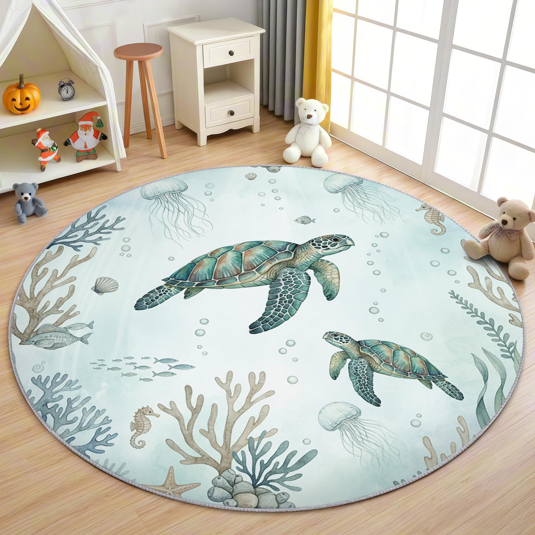 Schildkröte Teppich Rund 120cm Kurzflor - Waschbare Teppiche Wohnzimmer Meerestiere Koralle Ozean Thema - Runder Teppich 120 Durchmesser Kinderzimmer - Bettvorleger rutschfest Weich