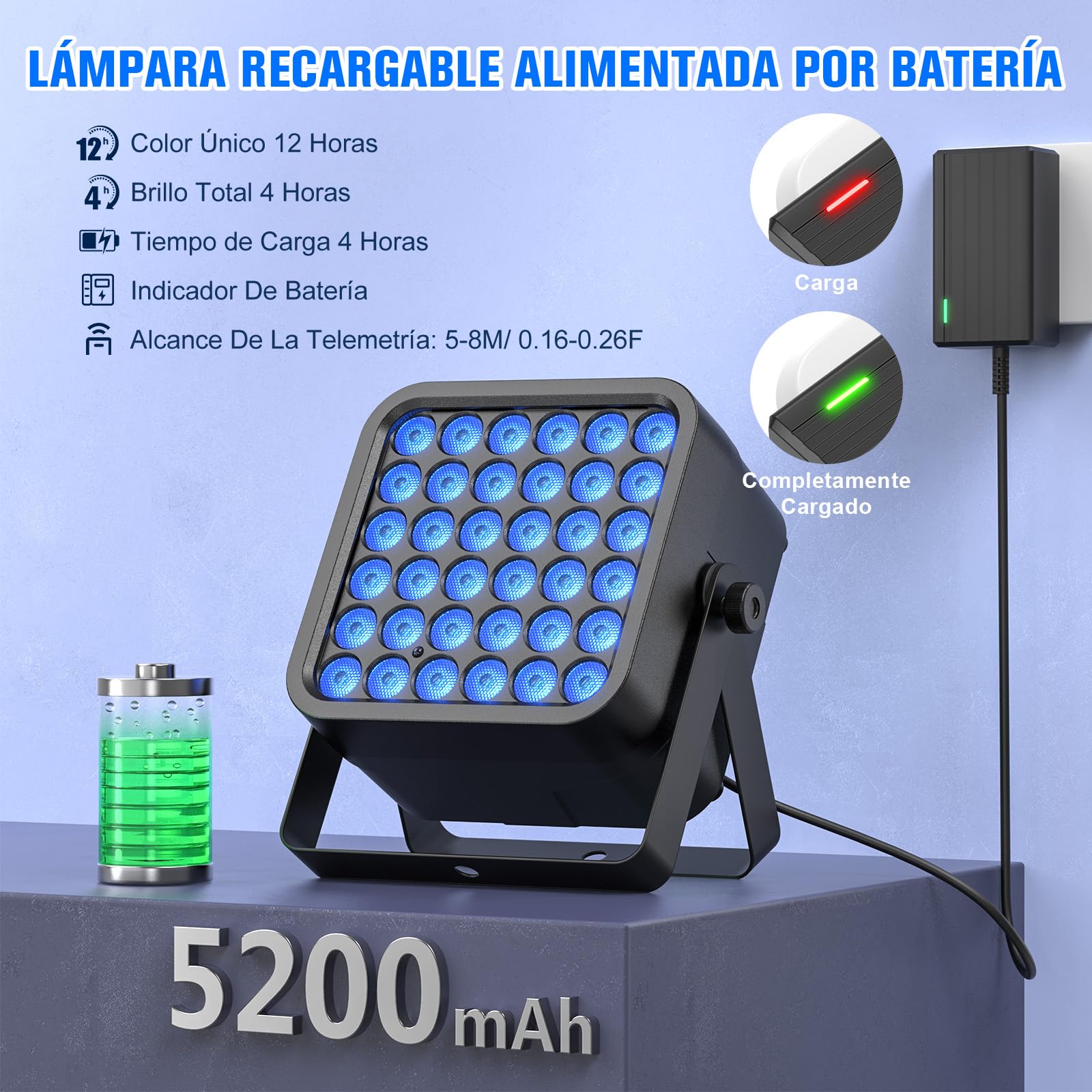 Foco Par de 36 LED con Batería, 54W 6 en 1 RGBWA+UV Foco Para Fiesta de Discoteca con Batería de 5200 mAh, Control Remoto Automático 8/10CH, Recargable Apto para Escenarios Fiestas Cumpleaños